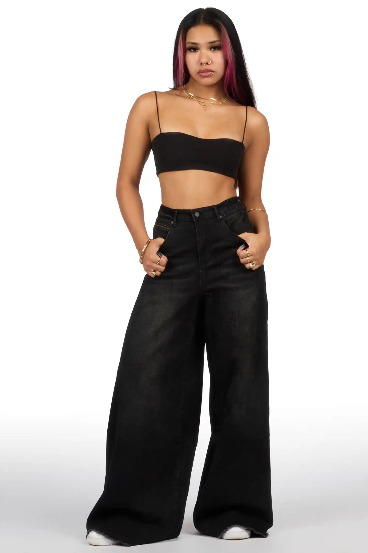 Cegaria Black High Rise Elastic Back Stretch Baggy Jean