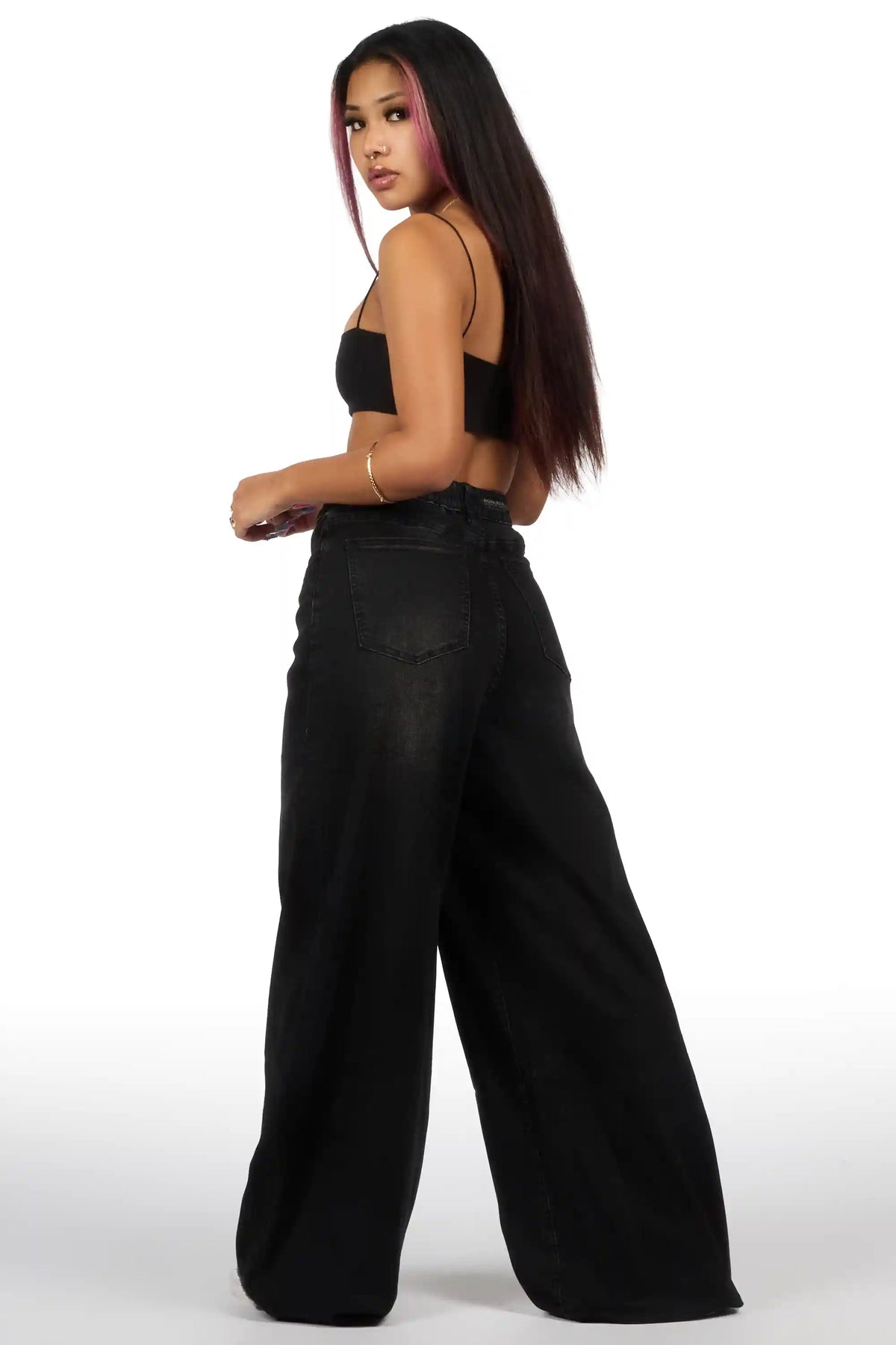 Cegaria Black High Rise Elastic Back Stretch Baggy Jean