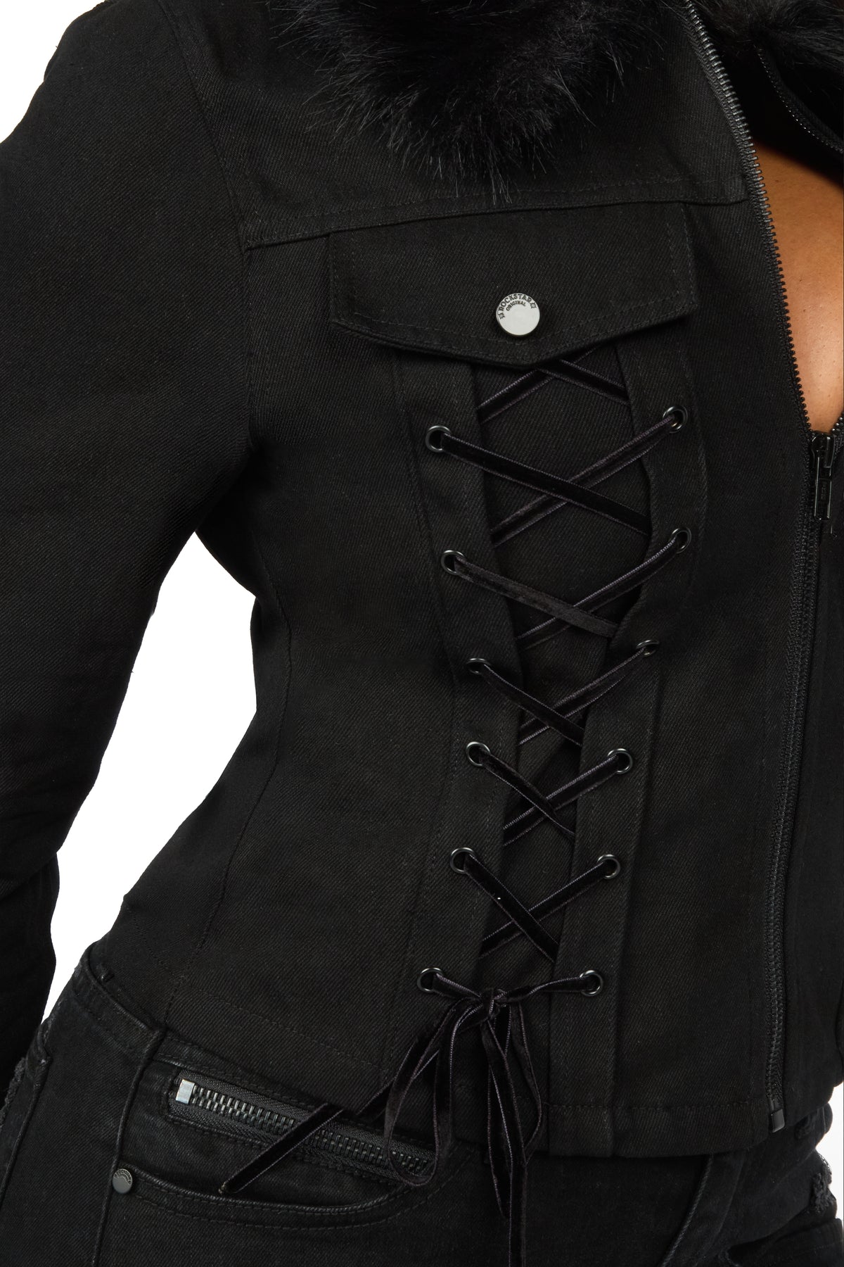 Berenize Black Denim Jacket With Fur Trim