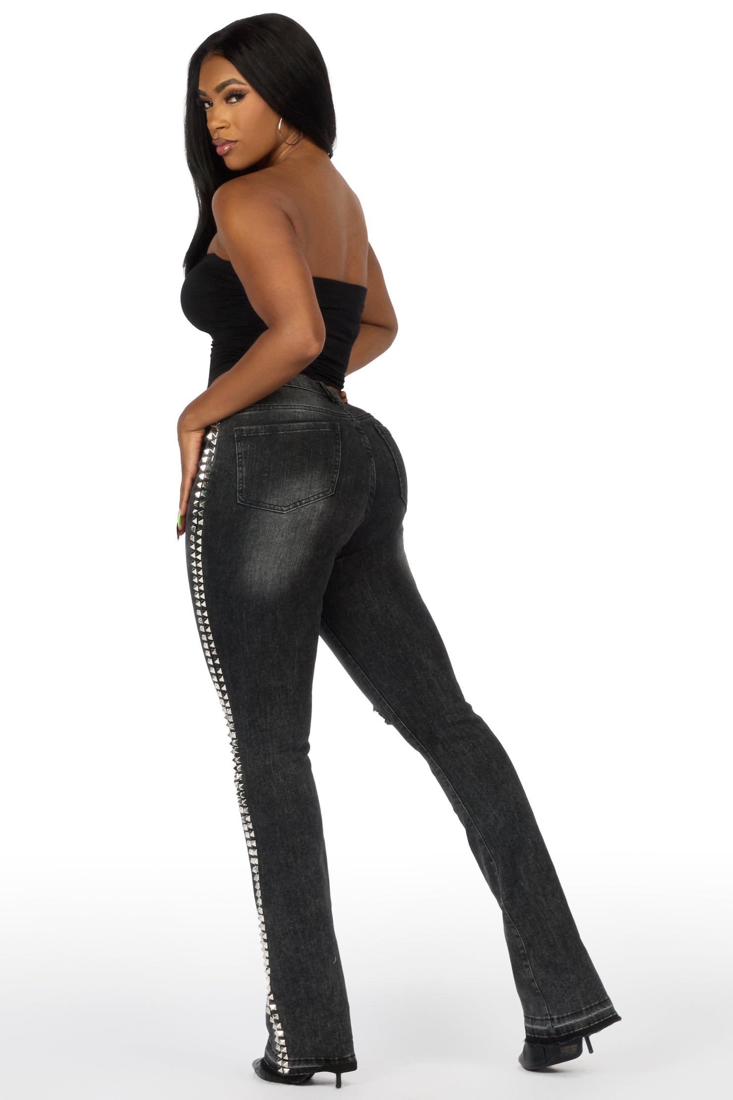 Shaquayla Black Studded Stacked Flare Jean