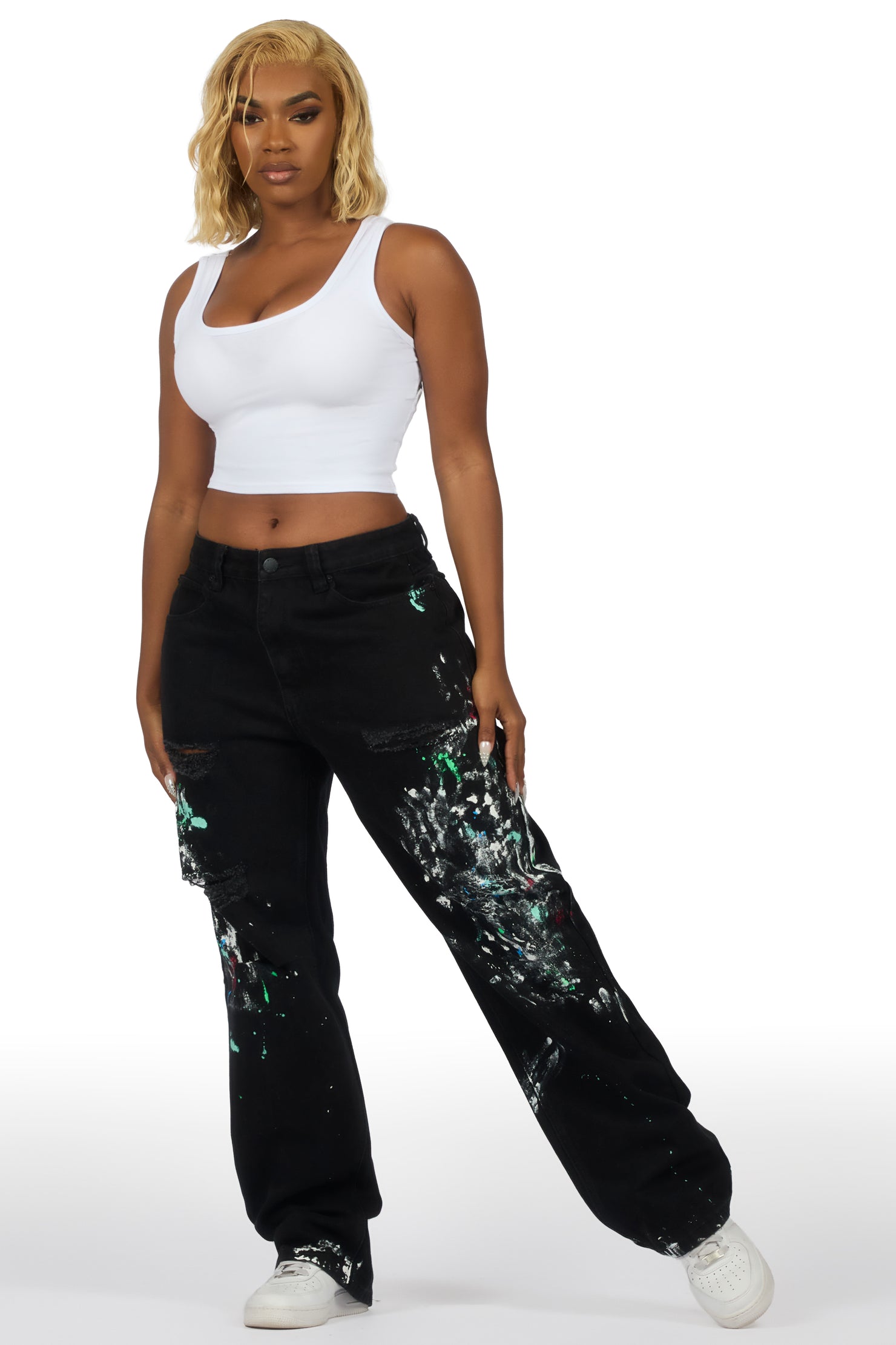 Teaira Black Painted Baggy Jean