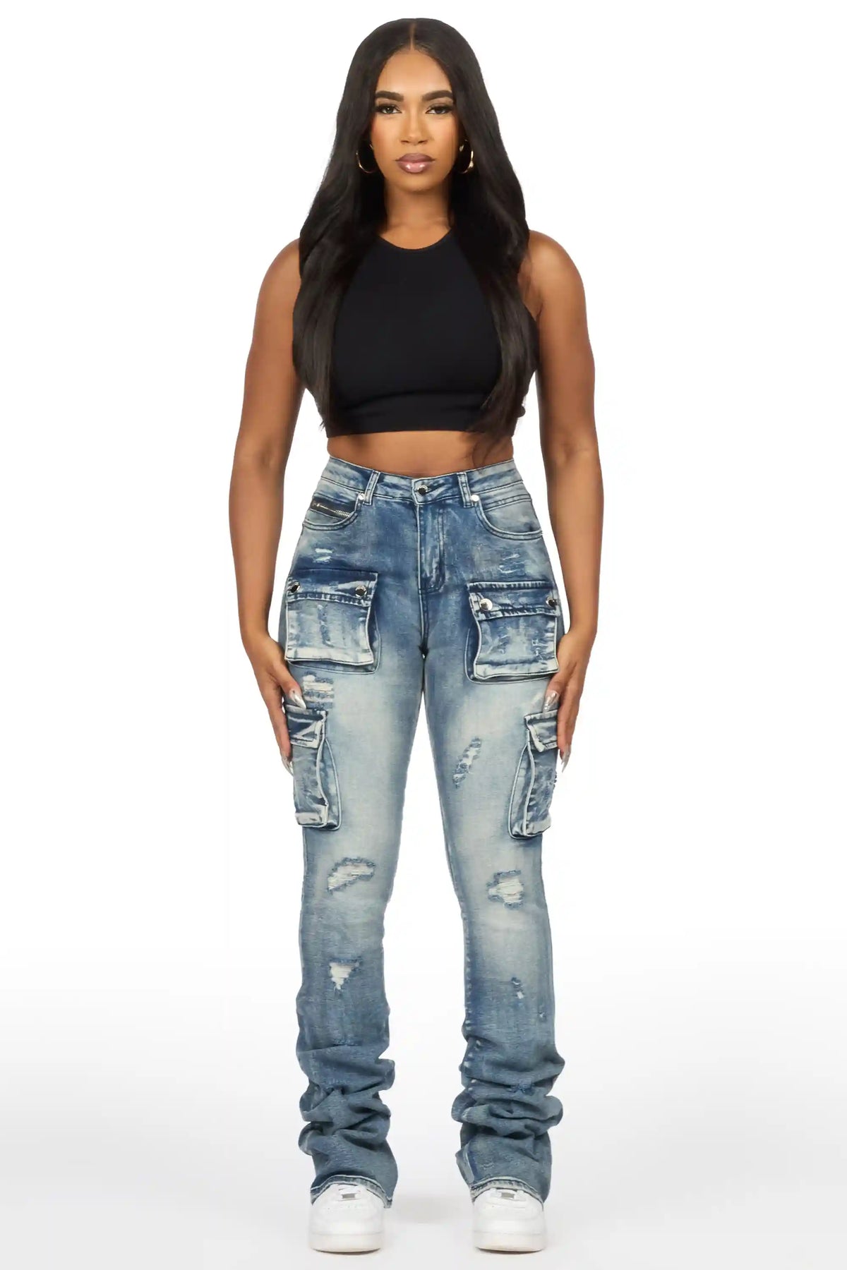 Noor Tinted Dark Wash Cargo Super Stacked Jean