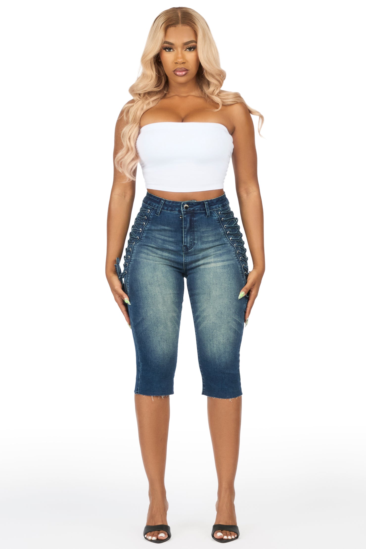 Brittani Tint Wash Denim Lace Up Capri