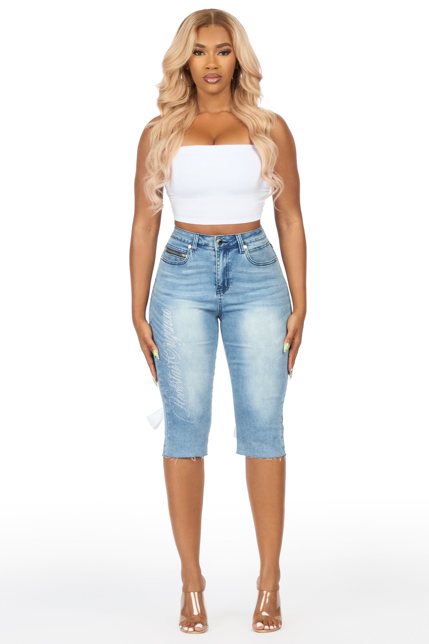 Teandra Light Wash Rhinestone Denim Capri