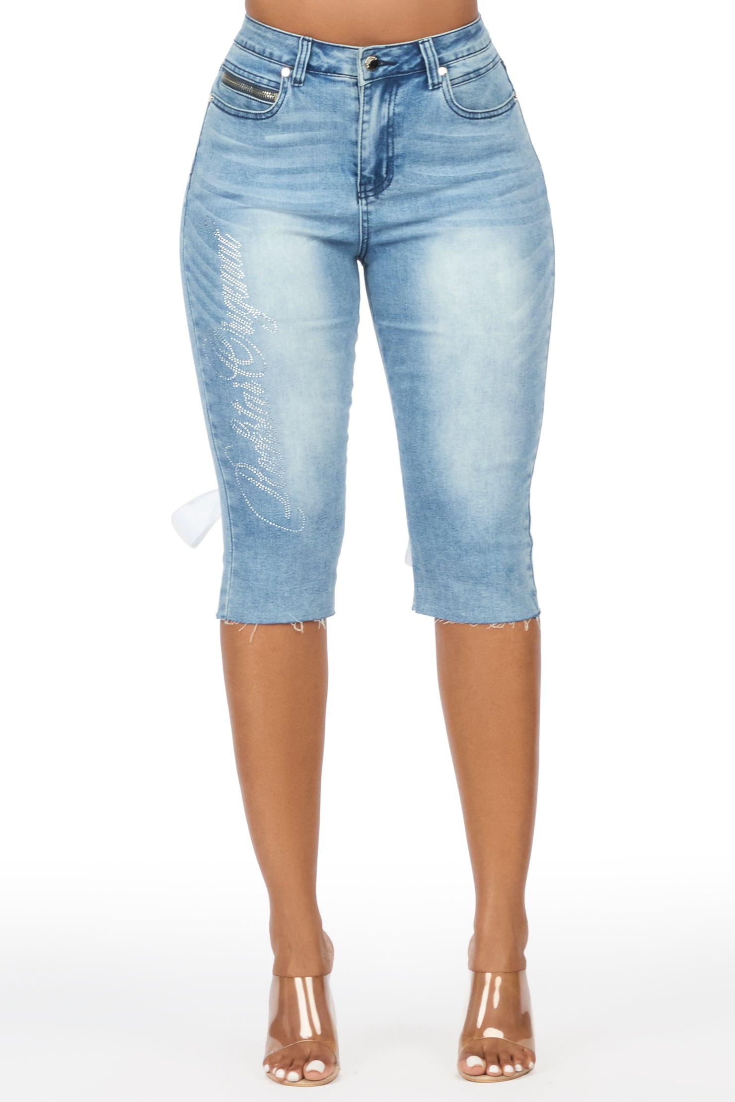 Teandra Light Wash Rhinestone Denim Capri