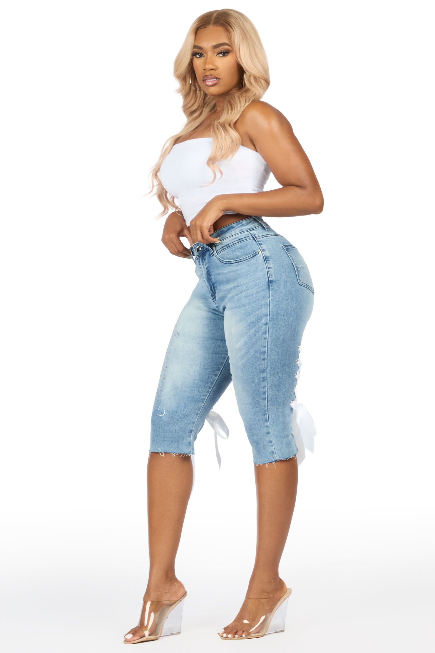 Teandra Light Wash Rhinestone Denim Capri