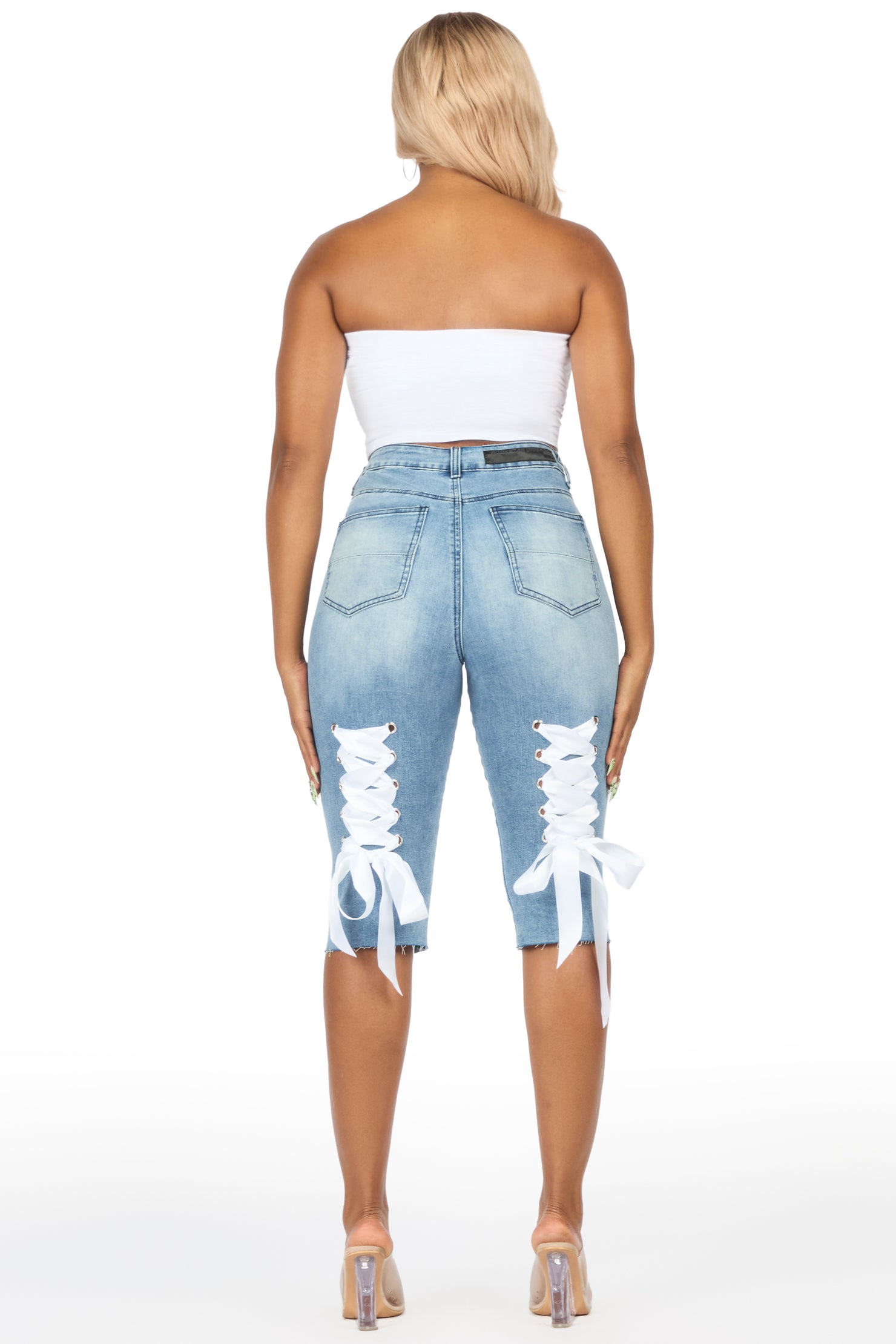 Teandra Light Wash Rhinestone Denim Capri