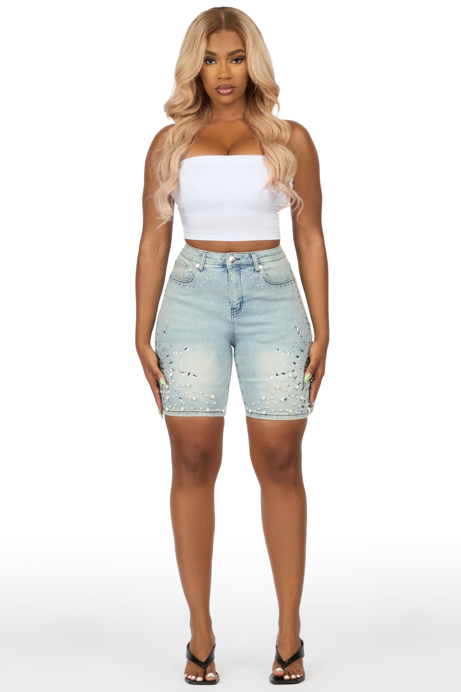 Shirlene Light Wash Rhinestone Jort