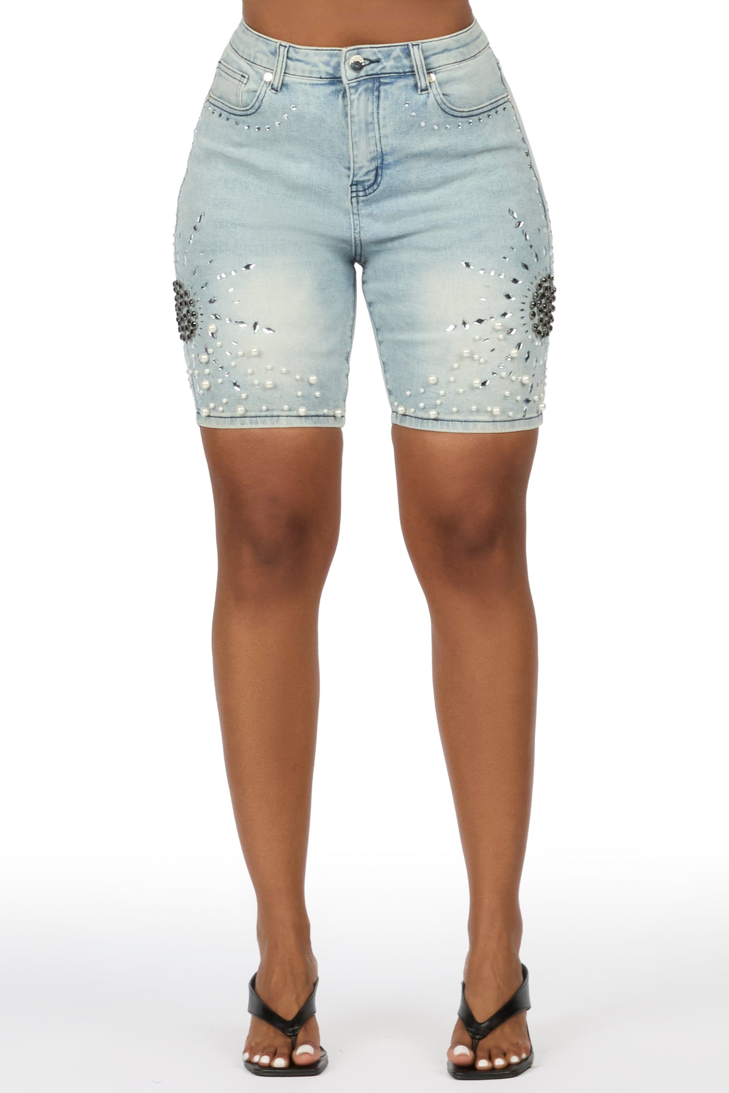 Shirlene Light Wash Rhinestone Jort