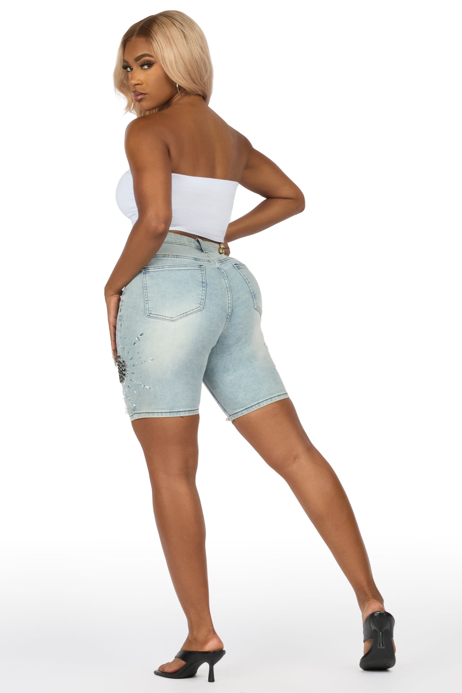Shirlene Light Wash Rhinestone Jort