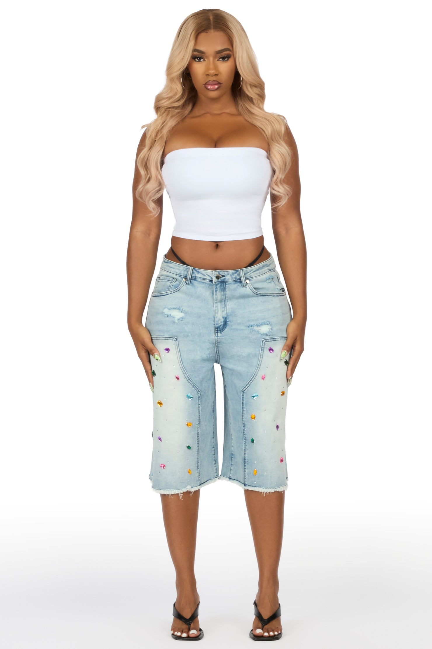 Allexis Light Wash Rhinestone Baggy Jort