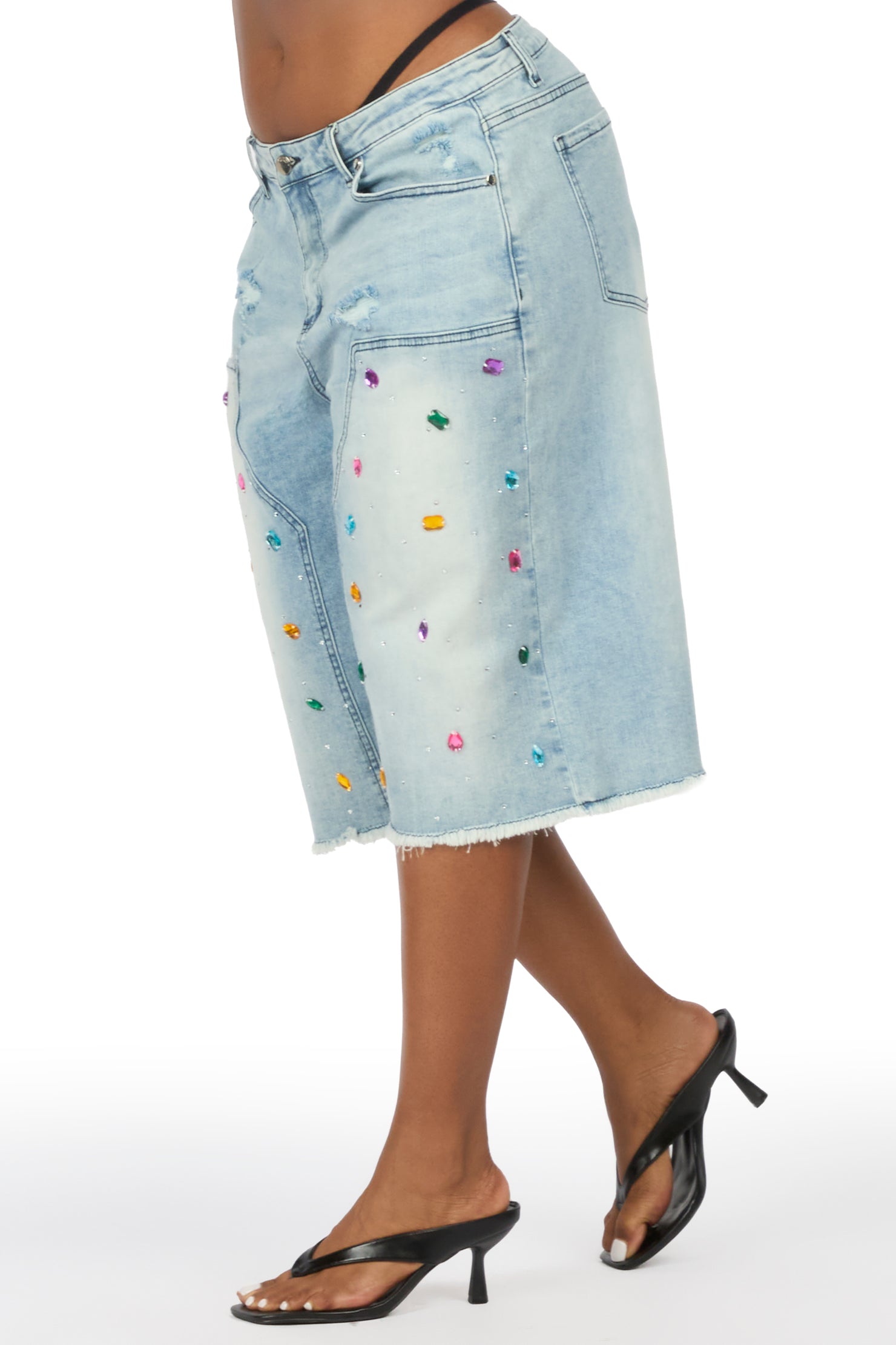 Allexis Light Wash Rhinestone Baggy Jort