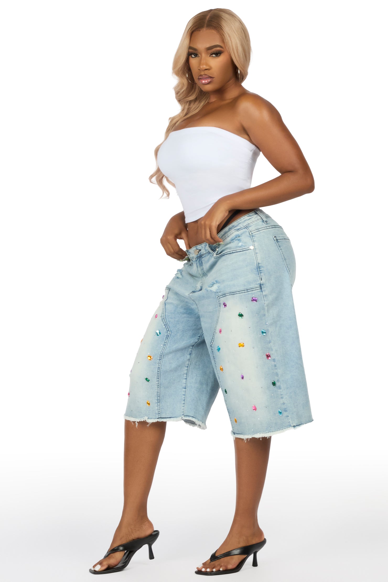 Allexis Light Wash Rhinestone Baggy Jort