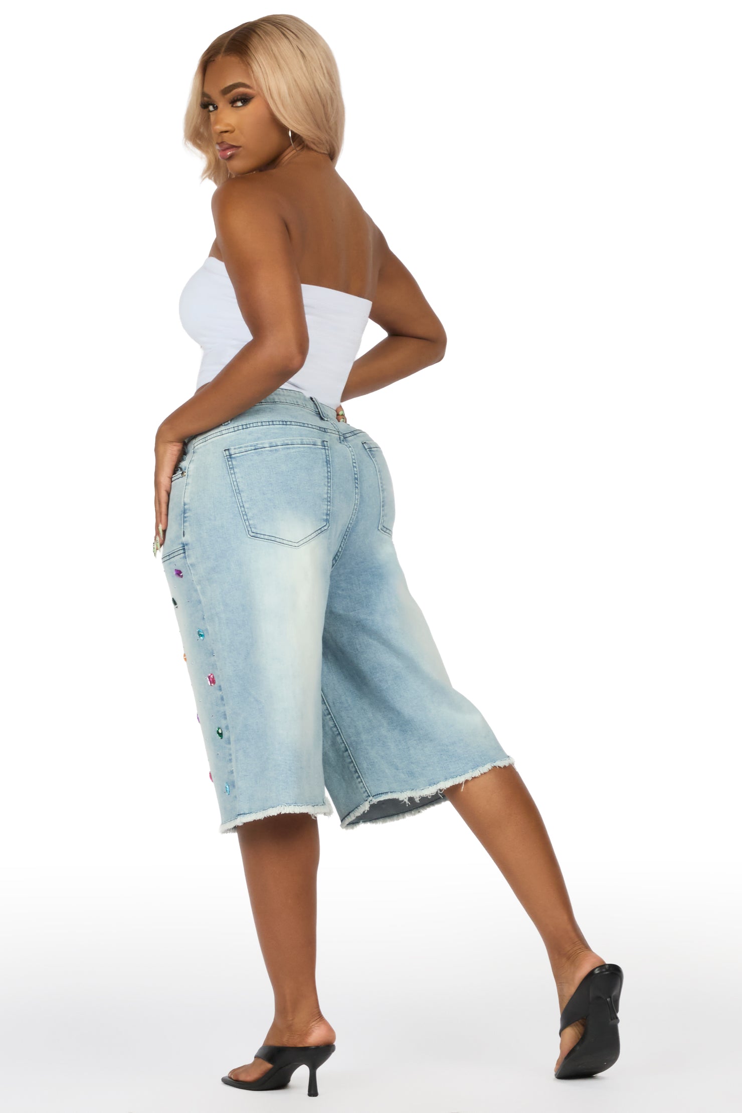 Allexis Light Wash Rhinestone Baggy Jort