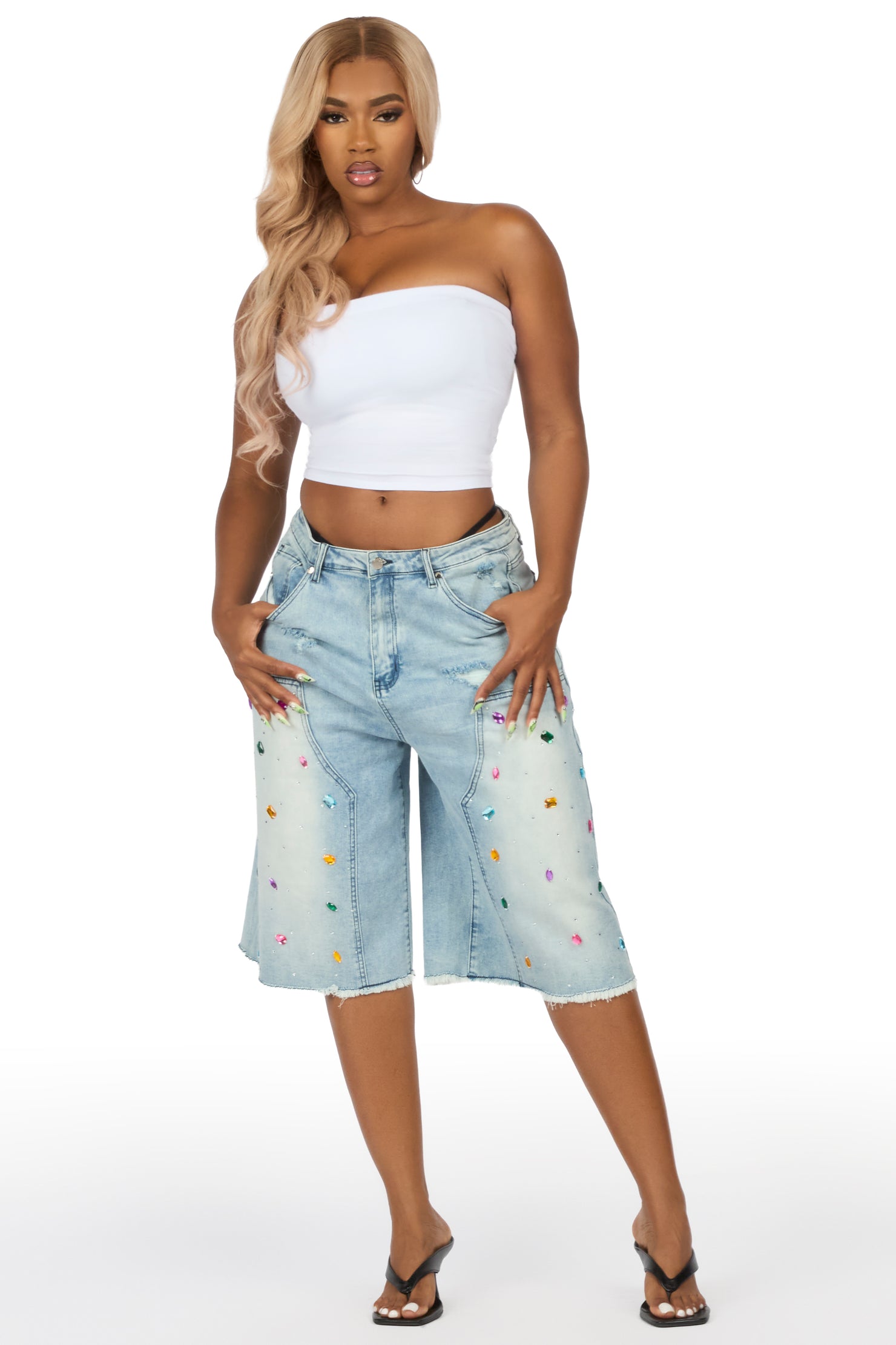 Allexis Light Wash Rhinestone Baggy Jort