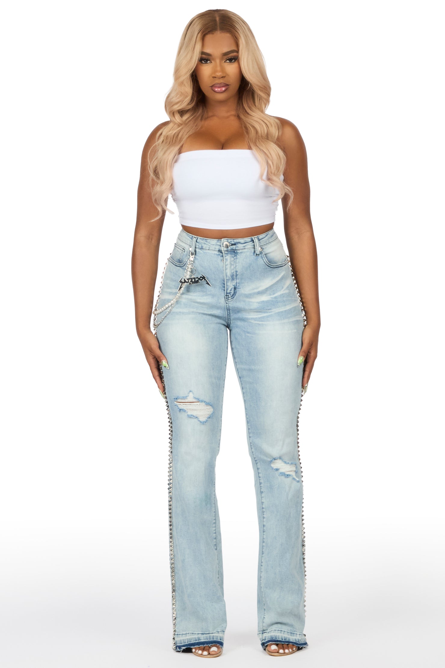 Shaquayla Light Wash Studded Stacked Flare Jean
