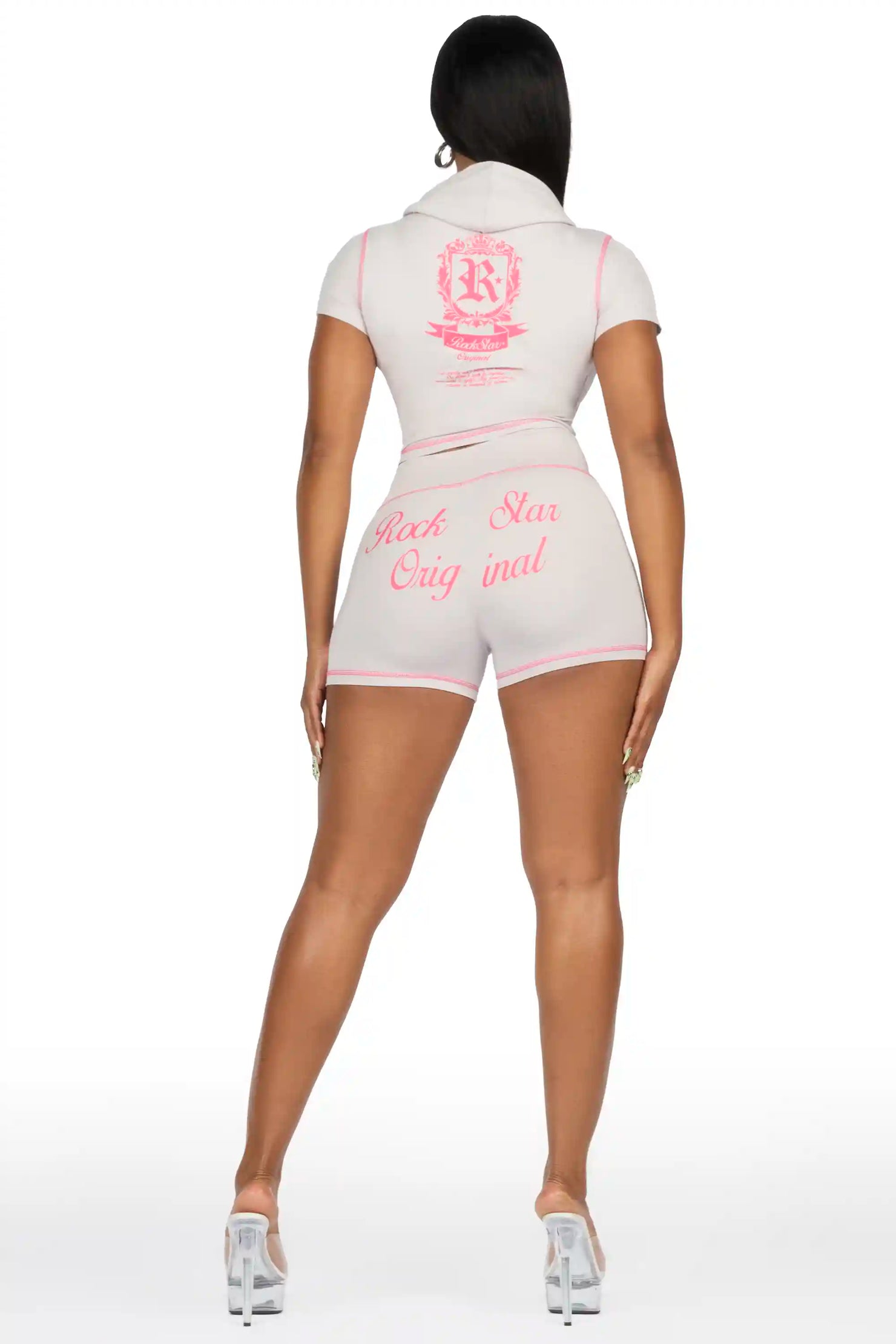 Desmine Grey Short Sleeve Zip Up Short Set
