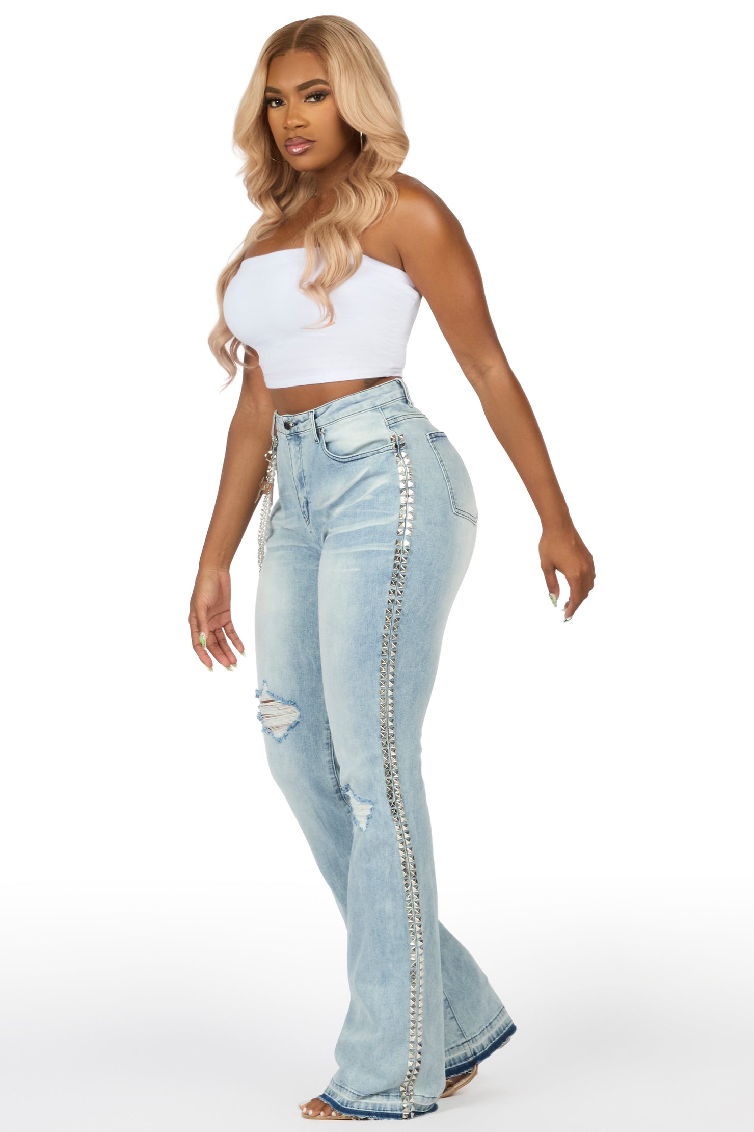 Shaquayla Light Wash Studded Stacked Flare Jean