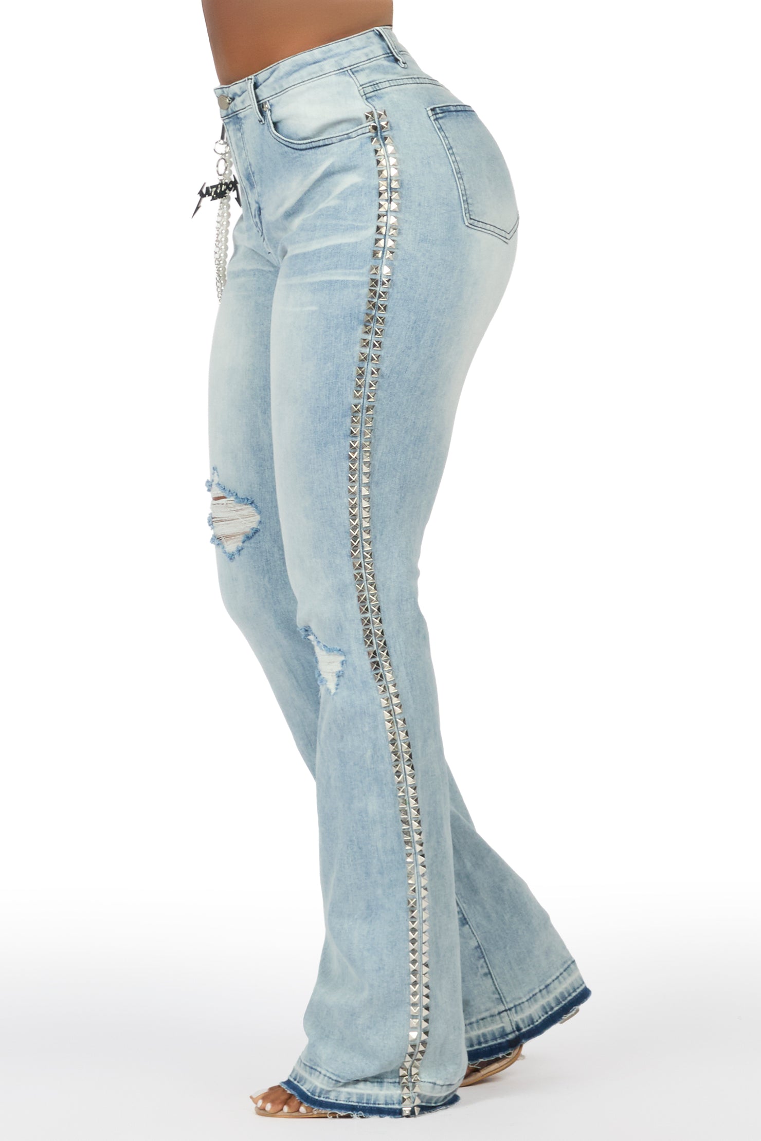 Shaquayla Light Wash Studded Stacked Flare Jean