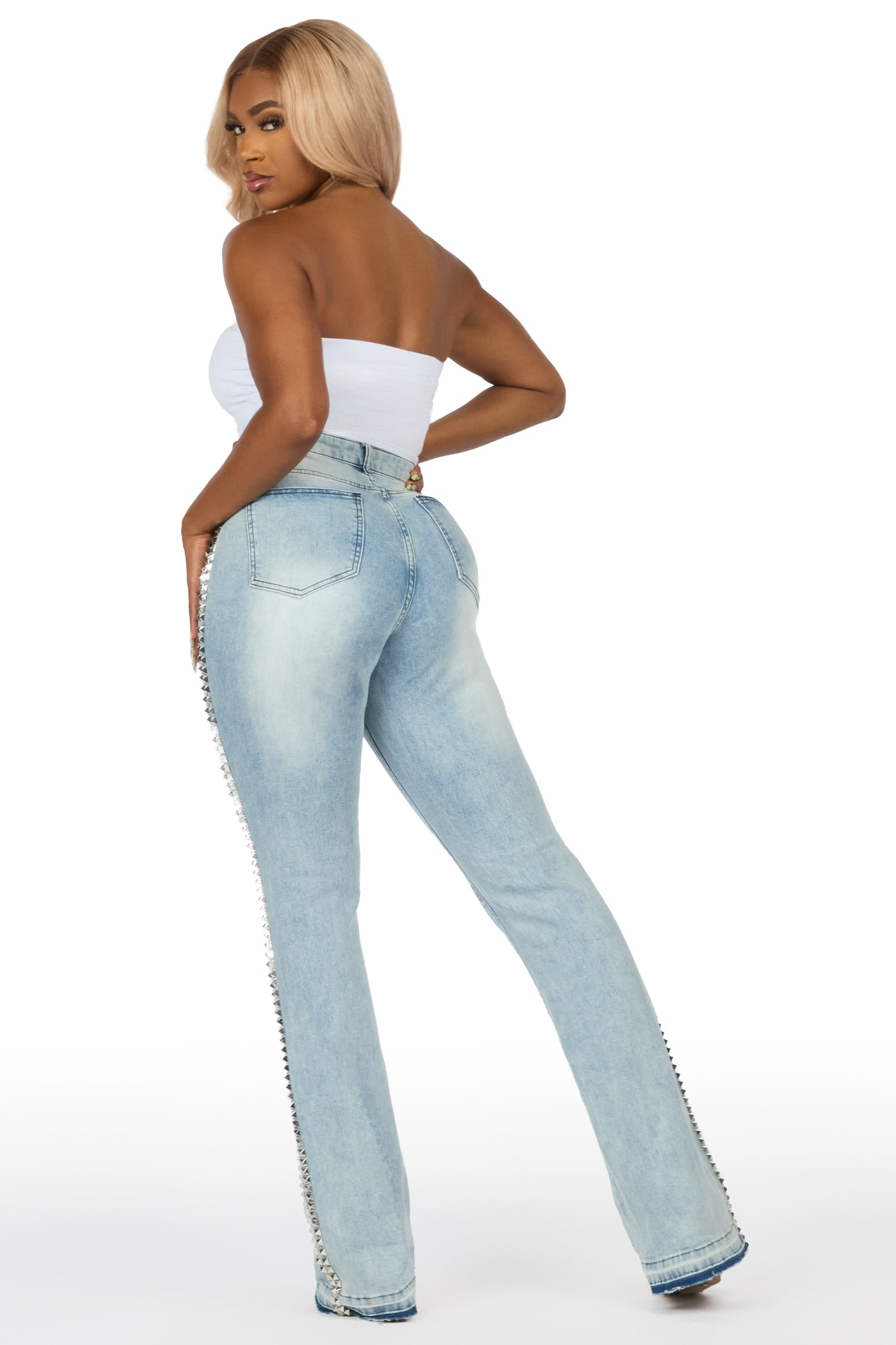 Shaquayla Light Wash Studded Stacked Flare Jean