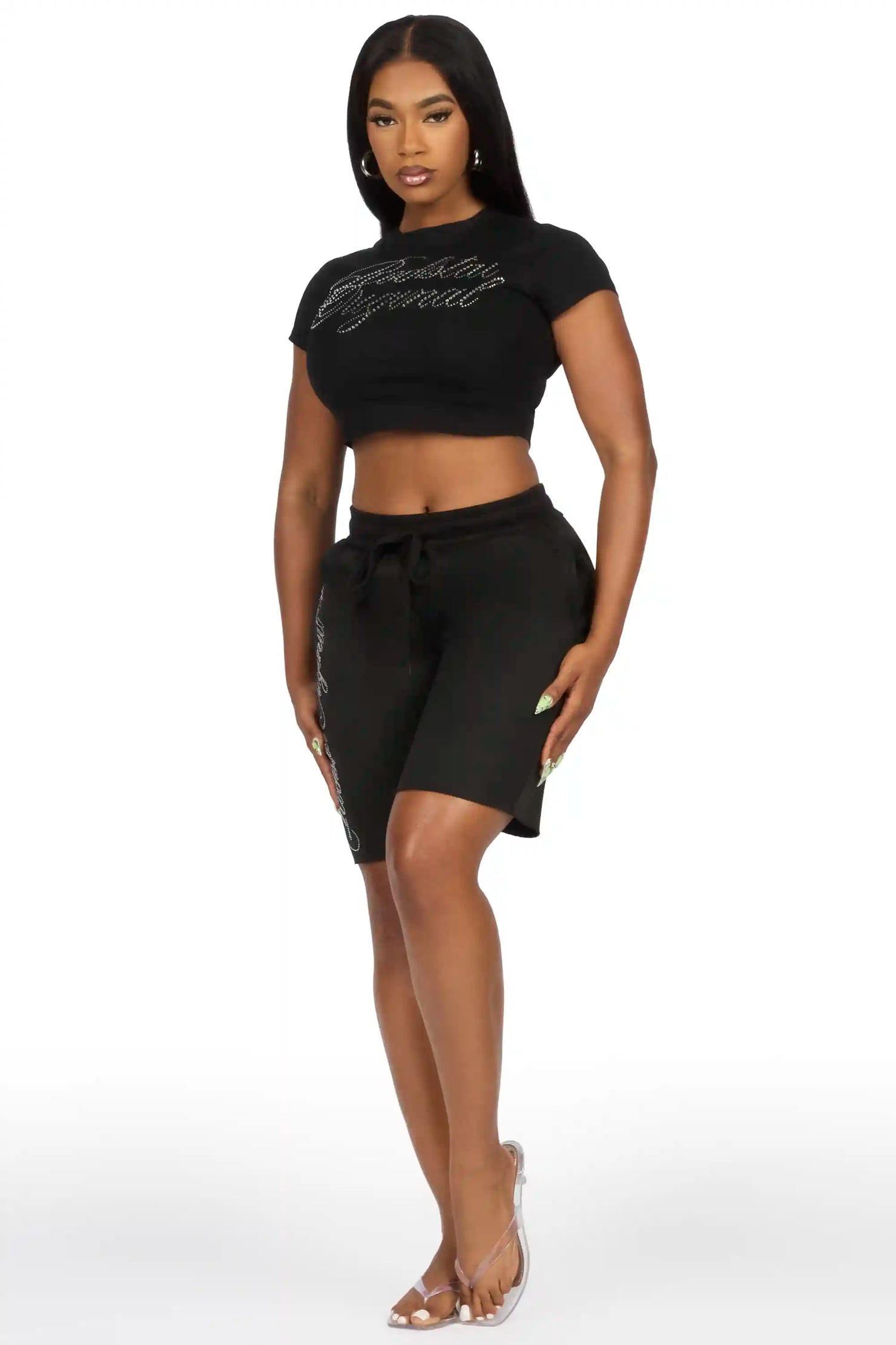 Taiesha Black Rhinestone T-Shirt Short Set
