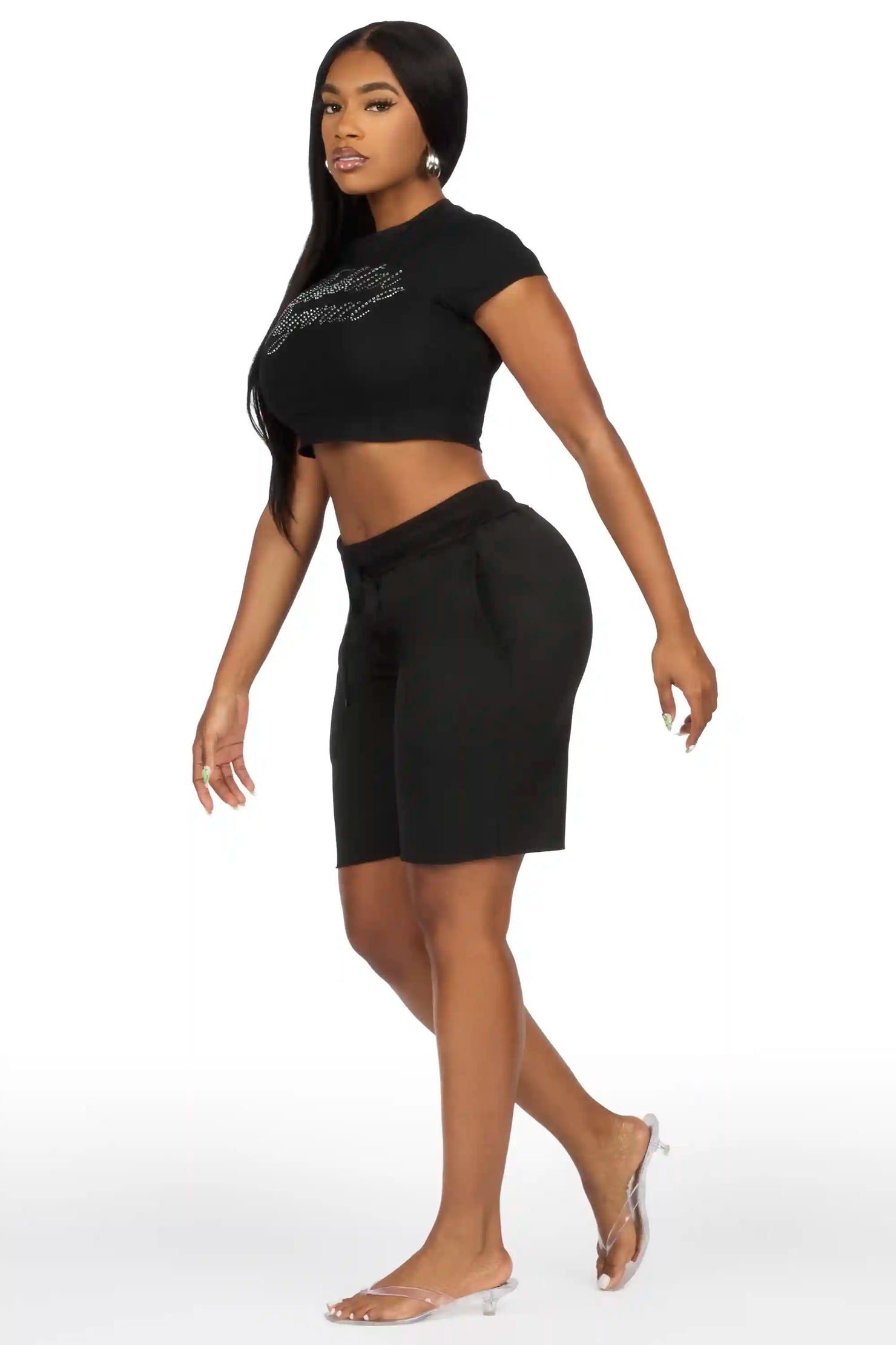 Taiesha Black Rhinestone T-Shirt Short Set