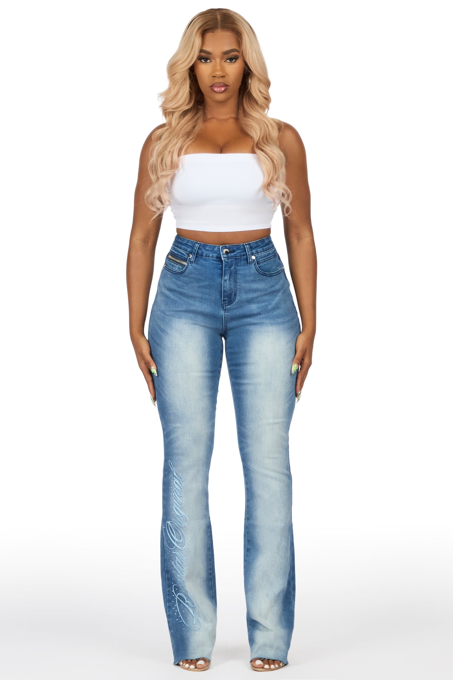 Calisa Med.Wash Rhinestone Stacked Flare Jean