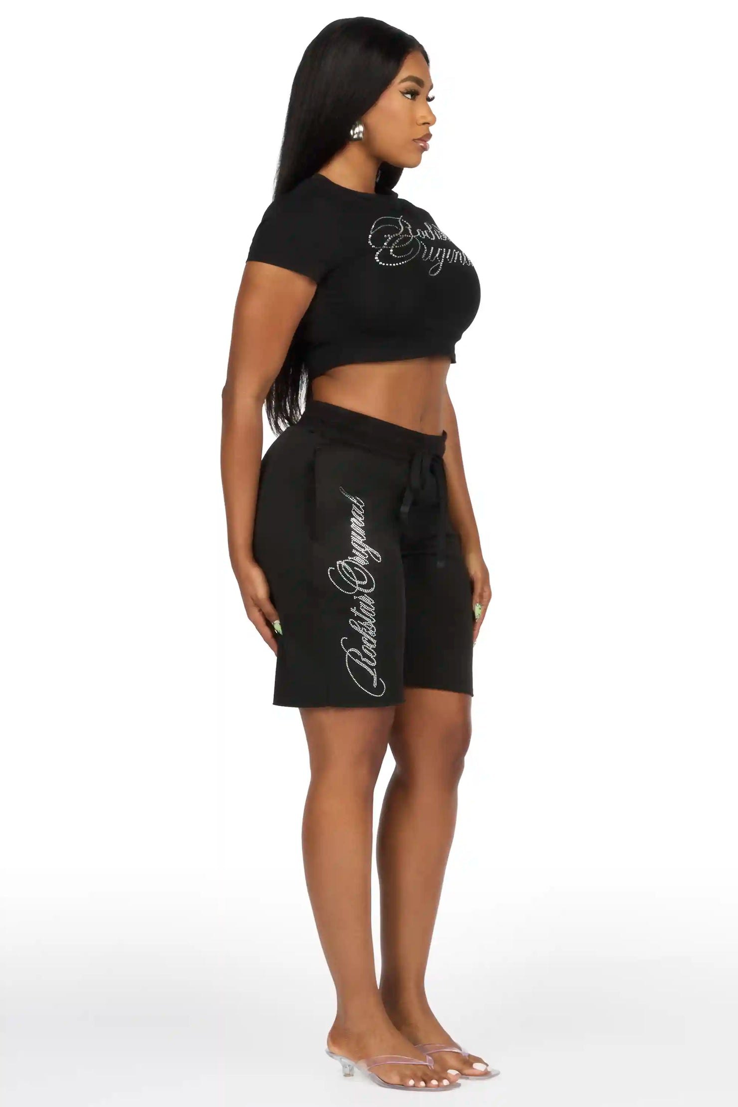 Taiesha Black Rhinestone T-Shirt Short Set