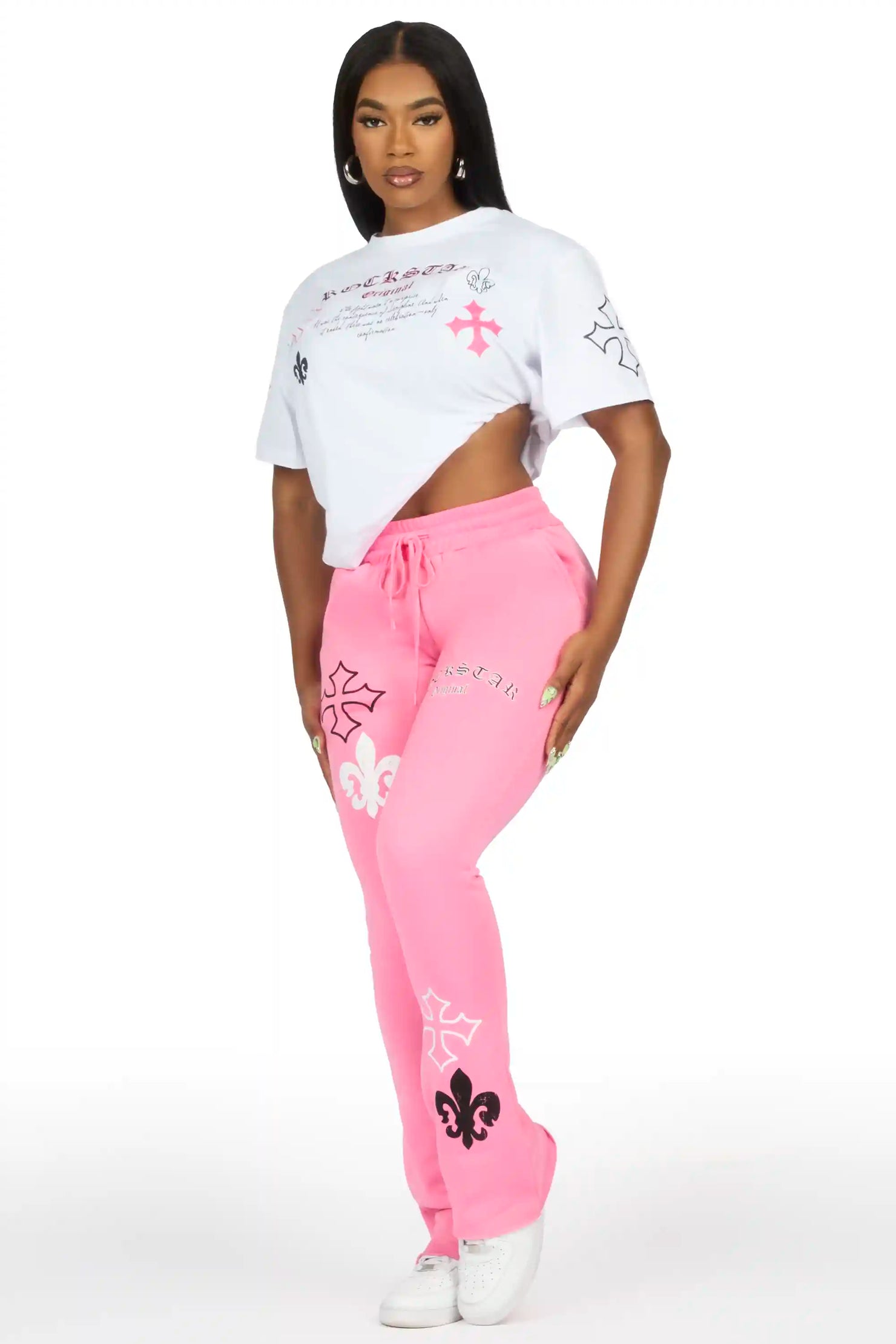 Deshunique White/Pink T-Shirt Stacked Track Set