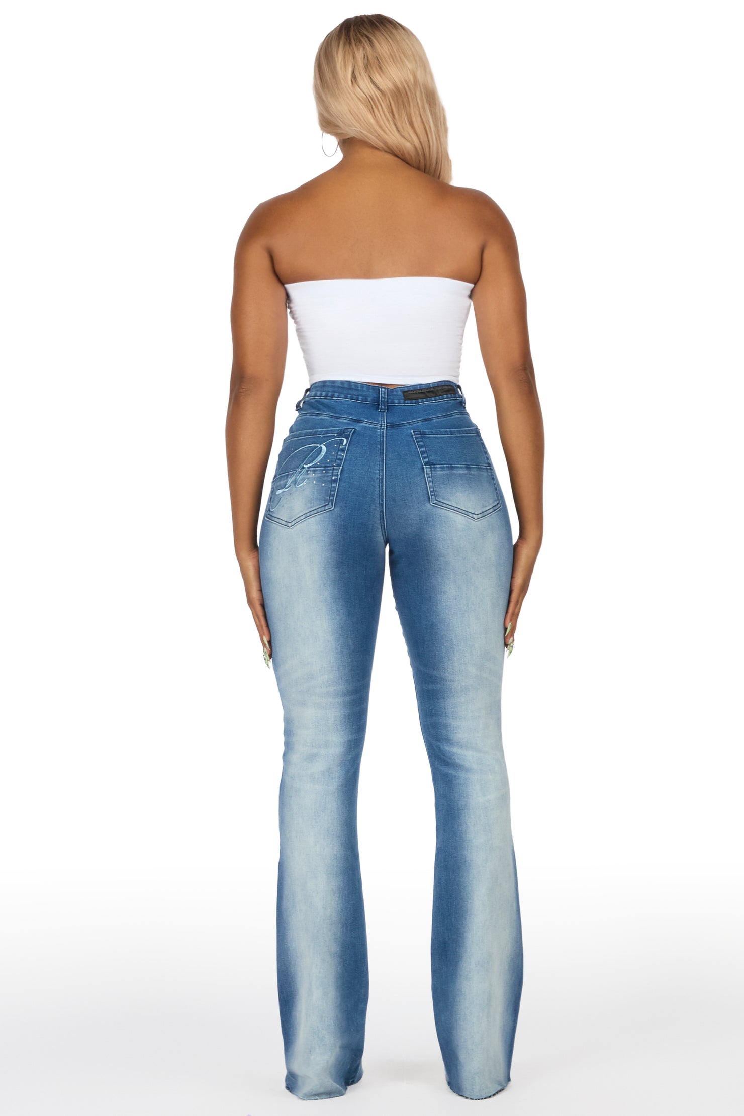 Calisa Med.Wash Rhinestone Stacked Flare Jean