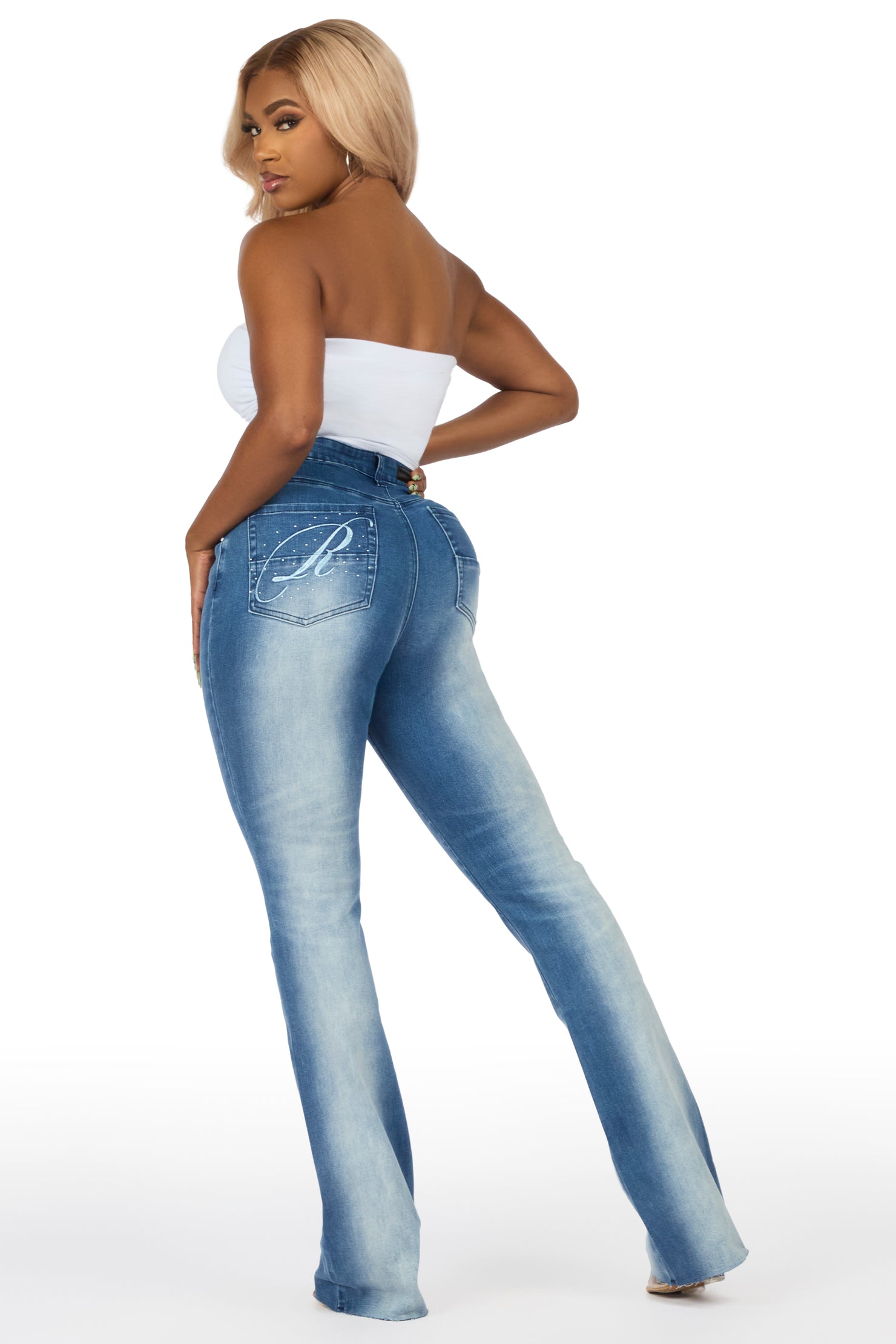 Calisa Med.Wash Rhinestone Stacked Flare Jean