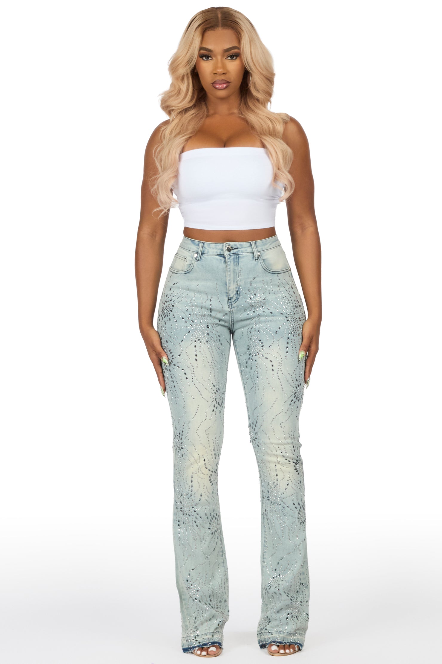 Deidra Light Wash Rhinestone Stacked Flare Jean