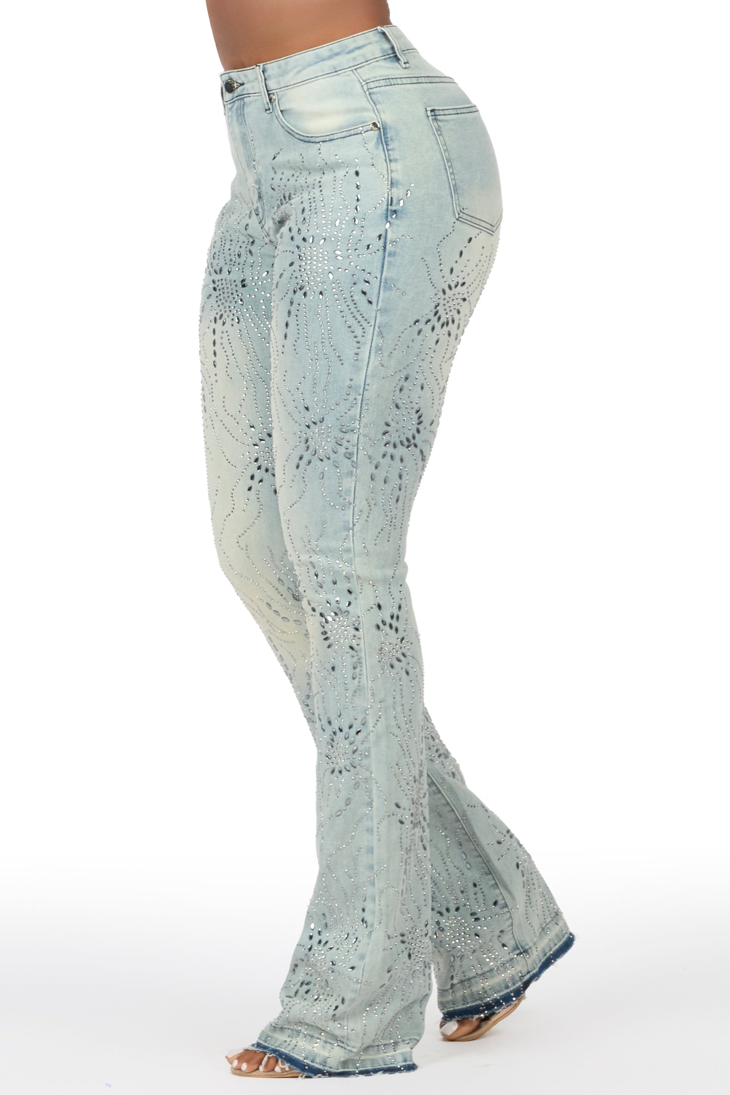 Deidra Light Wash Rhinestone Stacked Flare Jean