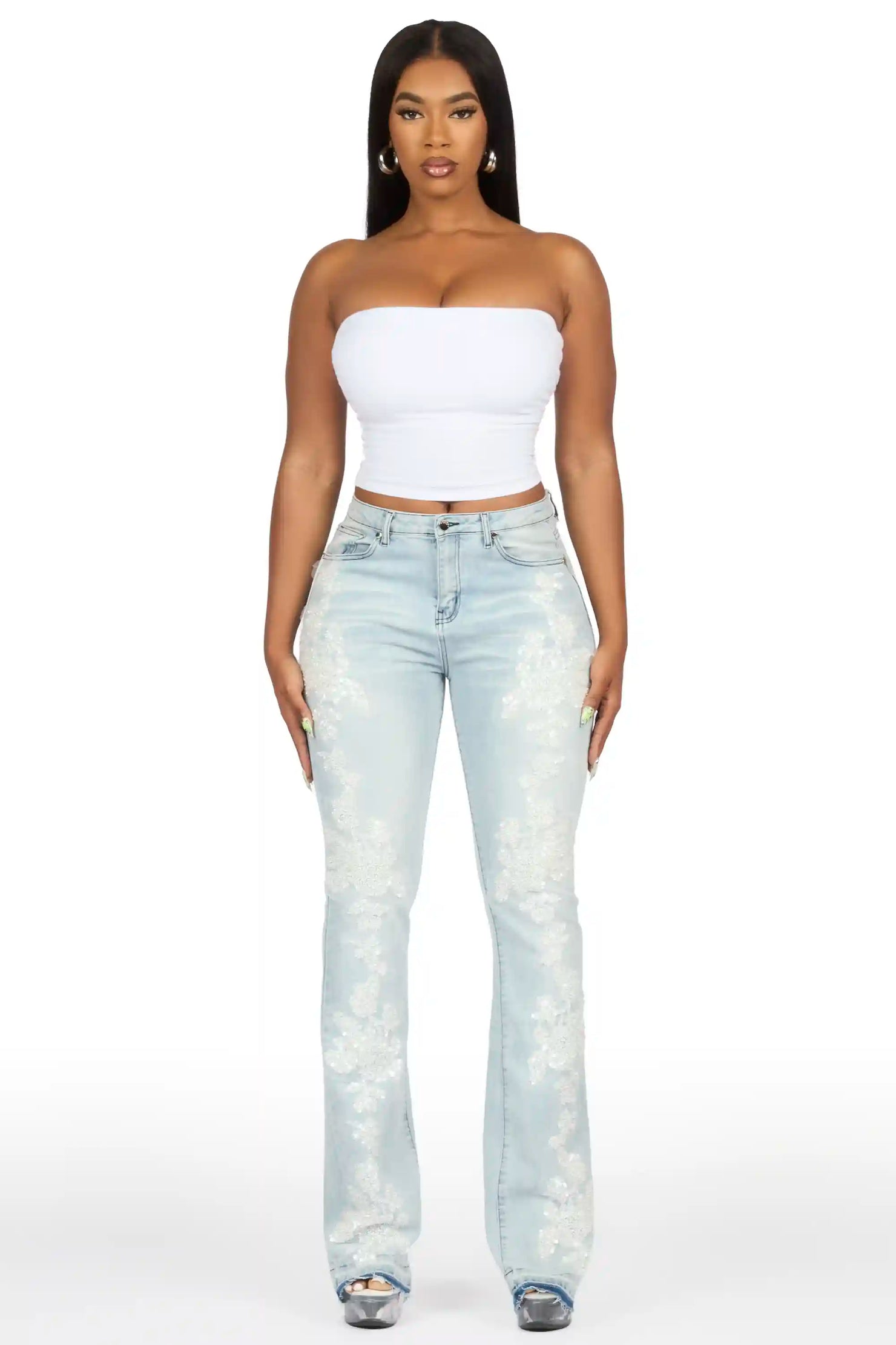 Najja Light Wash Rhinestone Stacked Flare Jean