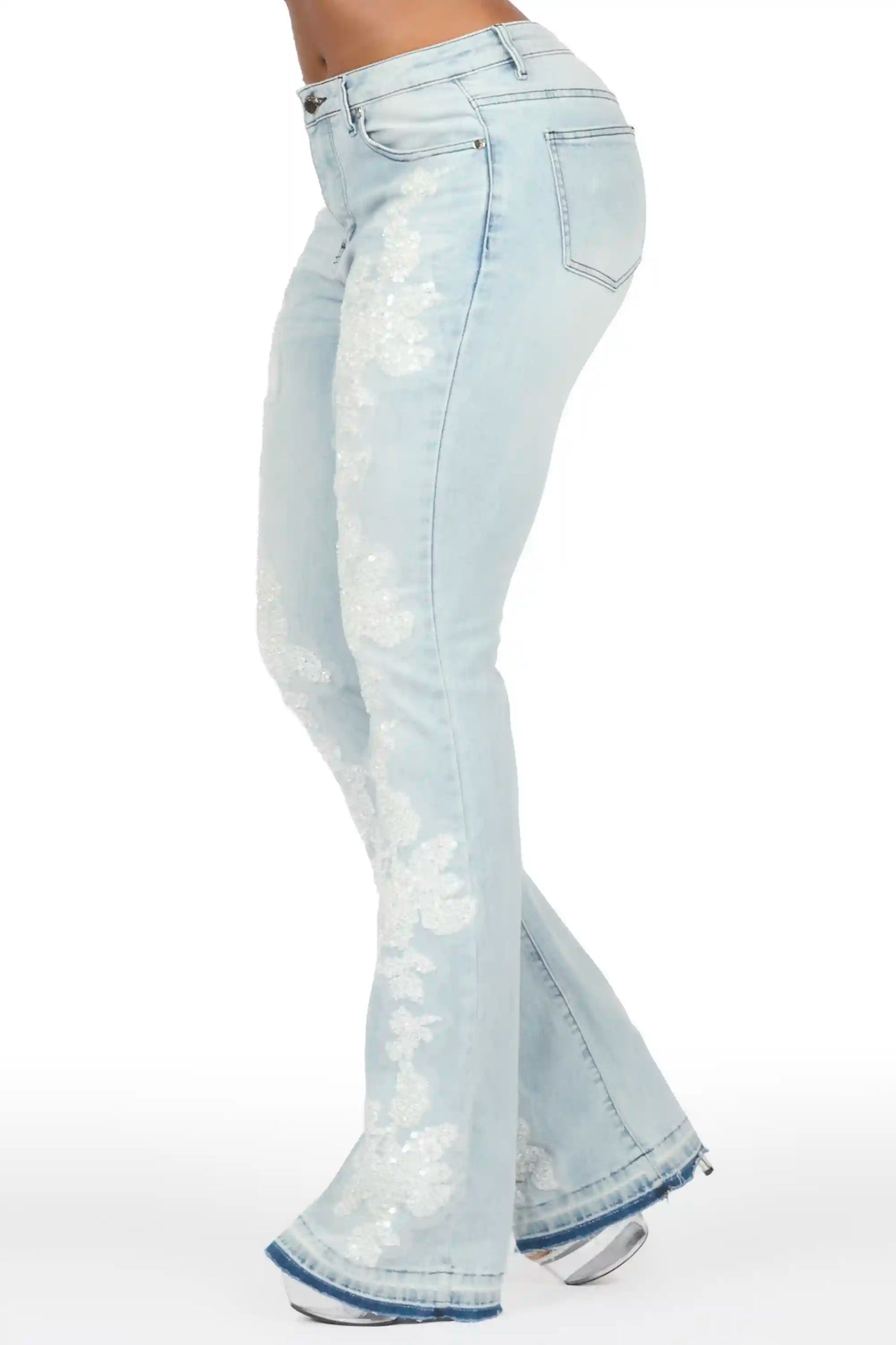 Najja Light Wash Rhinestone Stacked Flare Jean