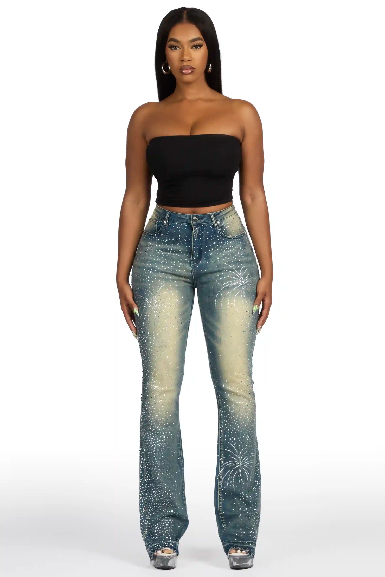 Deidra Dark Wash Rhinestone Stacked Flare Jean