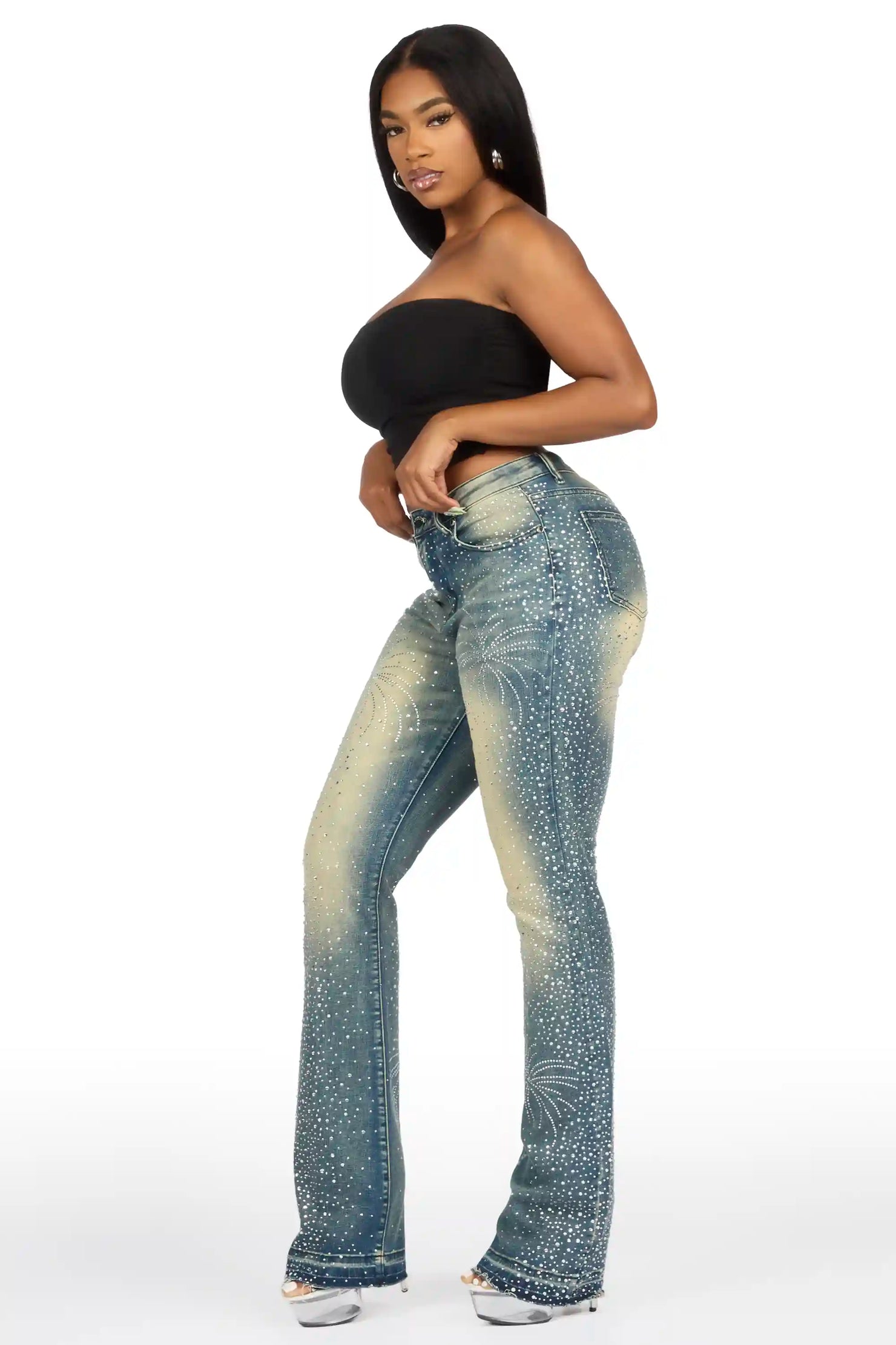Deidra Dark Wash Rhinestone Stacked Flare Jean