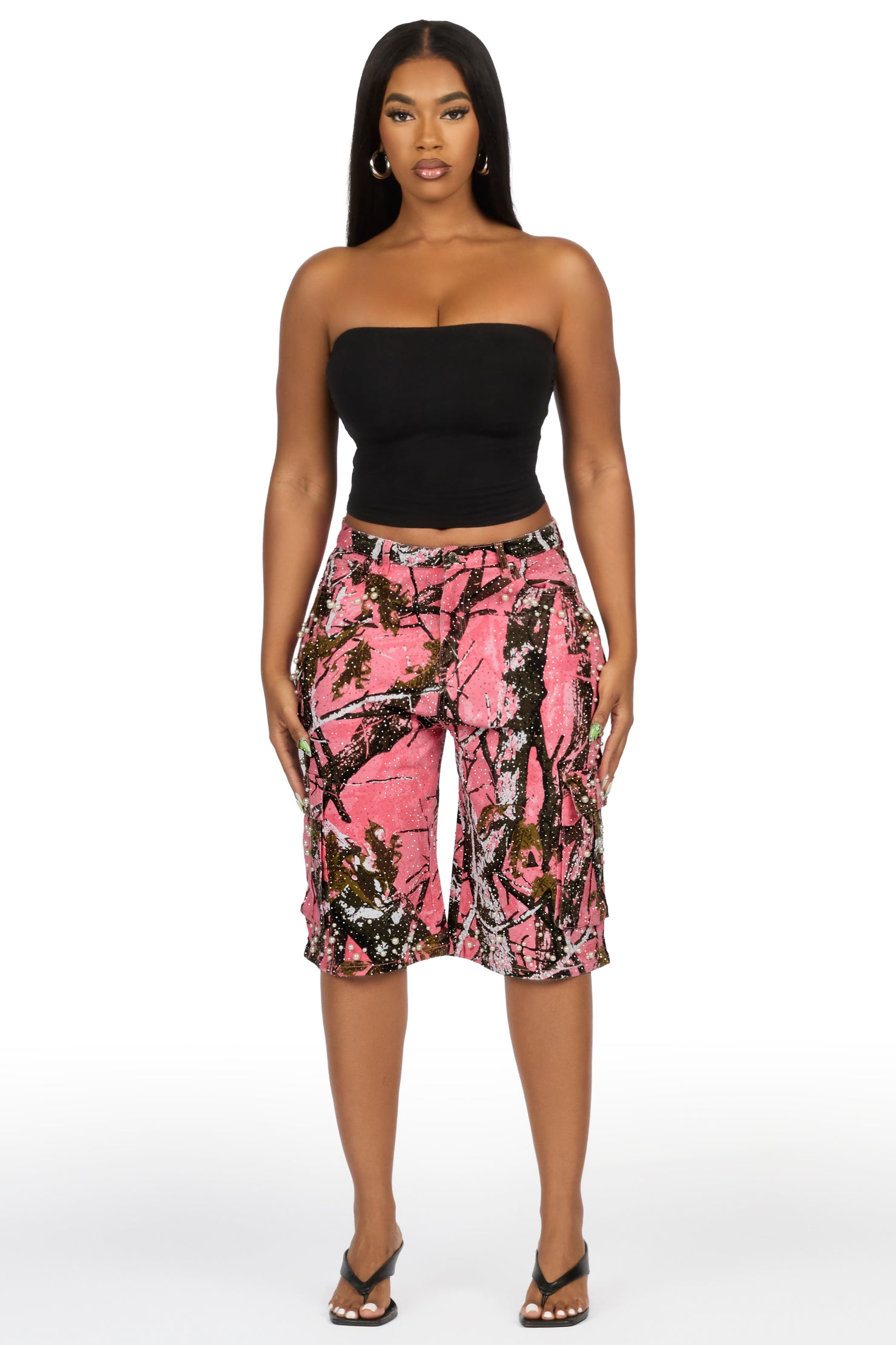 Tequeenia Pink Tree Camo Rhinestone Denim Jort