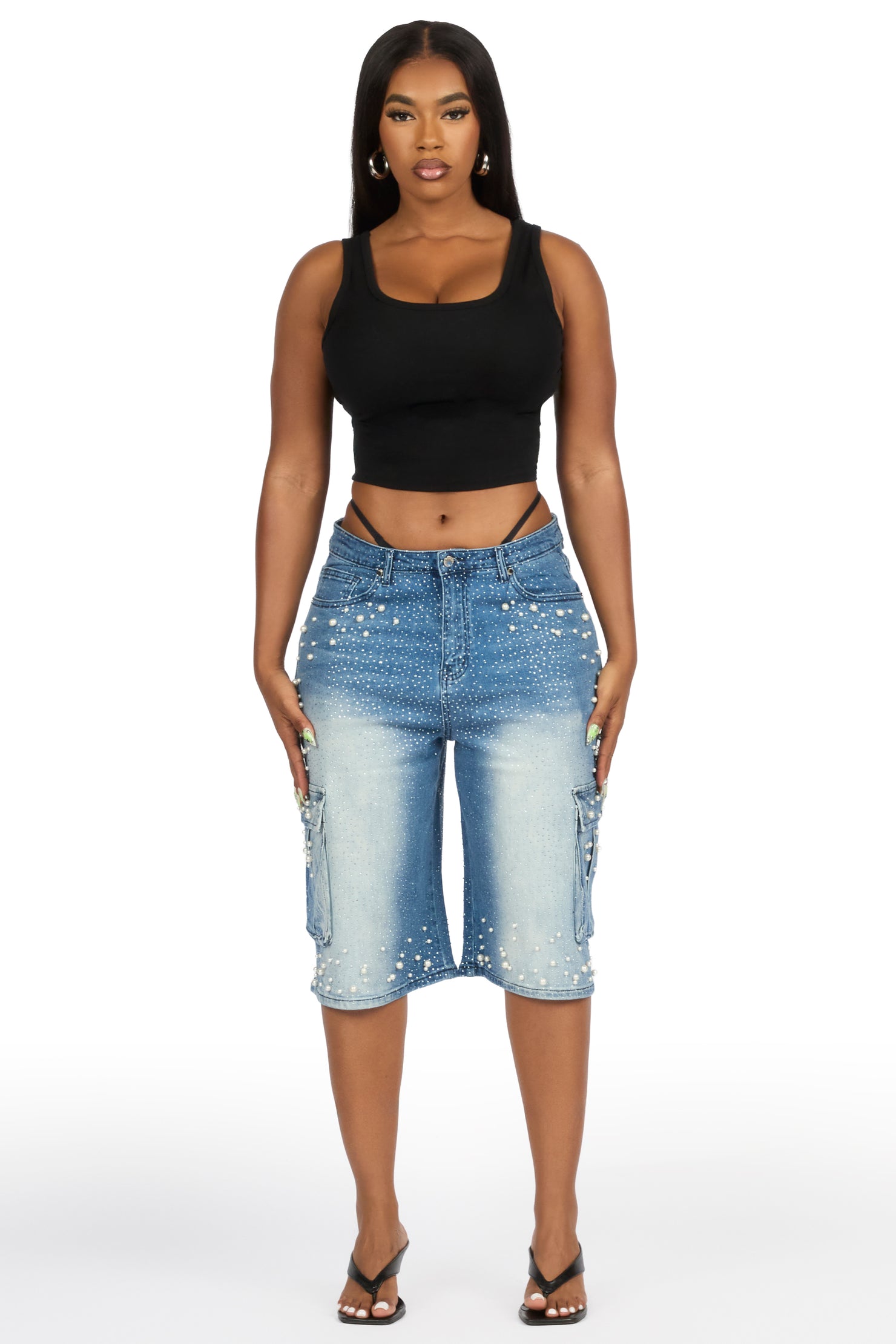 Tequeenia Med. Wash Rhinestone Denim Jort