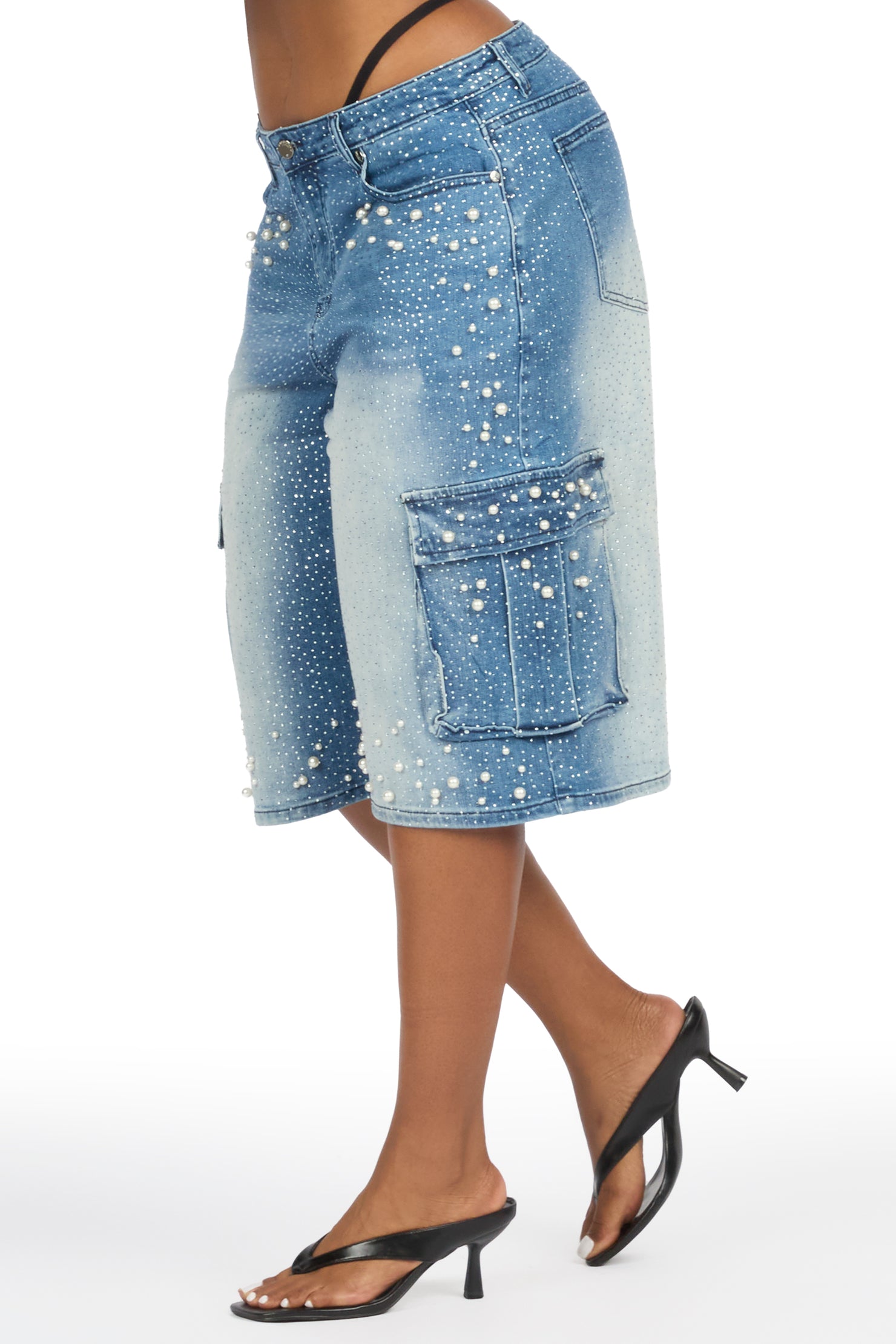 Tequeenia Med. Wash Rhinestone Denim Jort