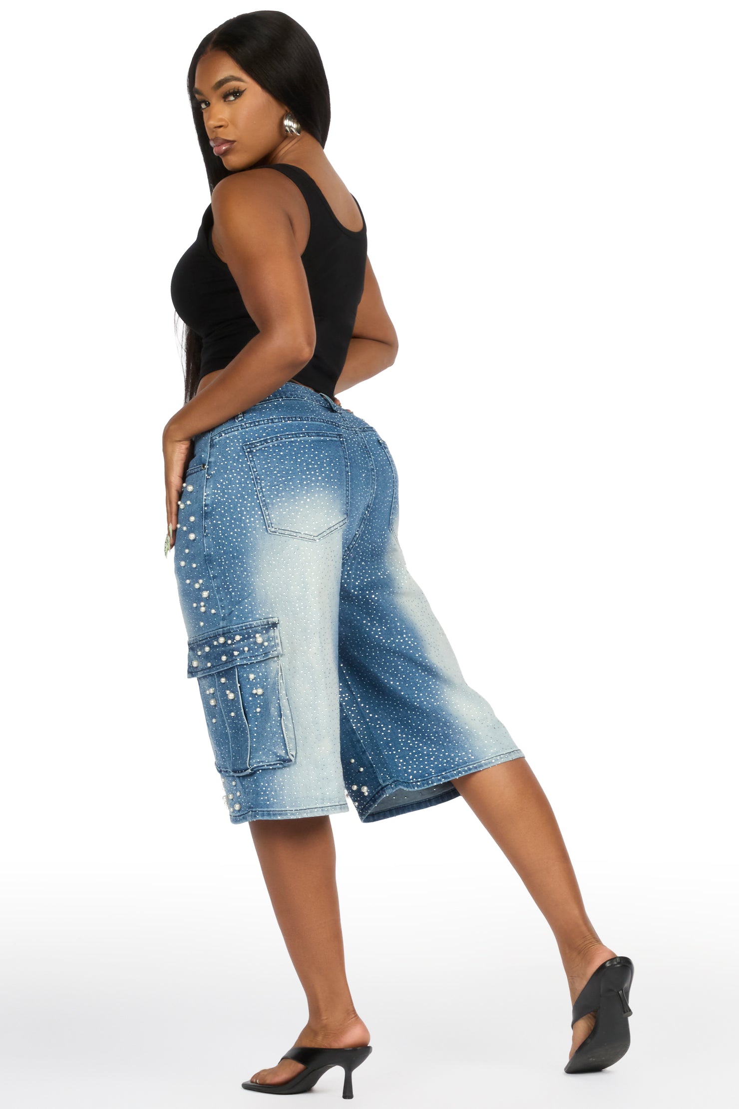 Tequeenia Med. Wash Rhinestone Denim Jort