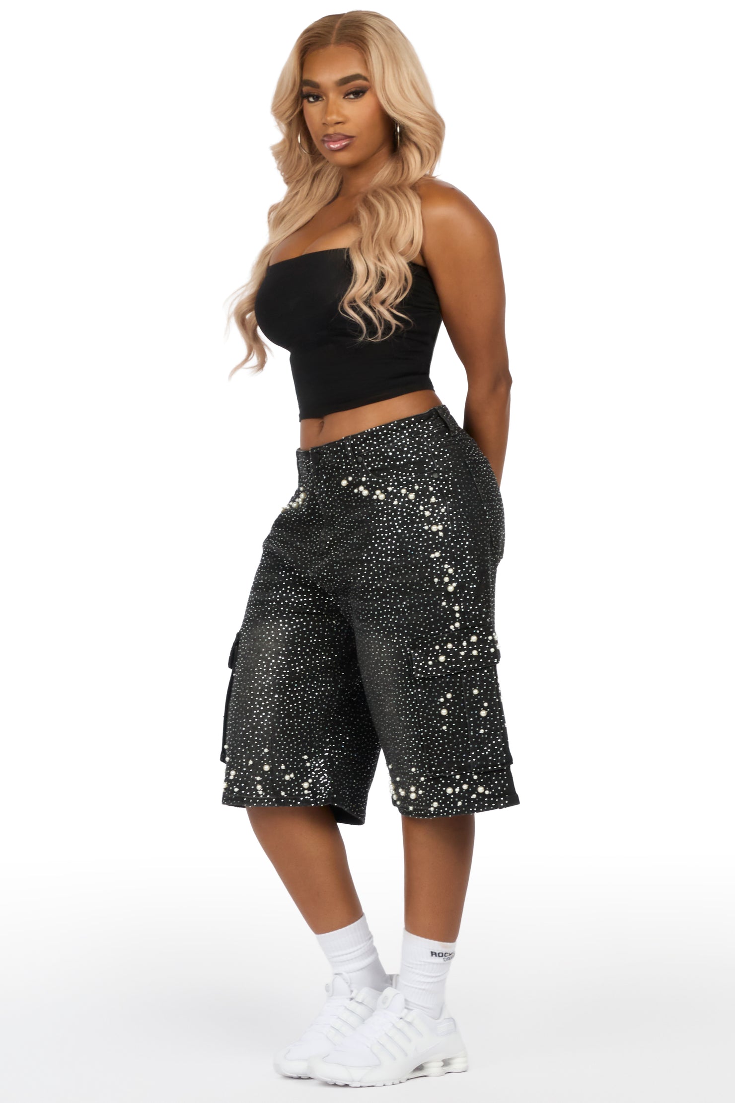 Tequeenia Black Rhinestone Denim Jort