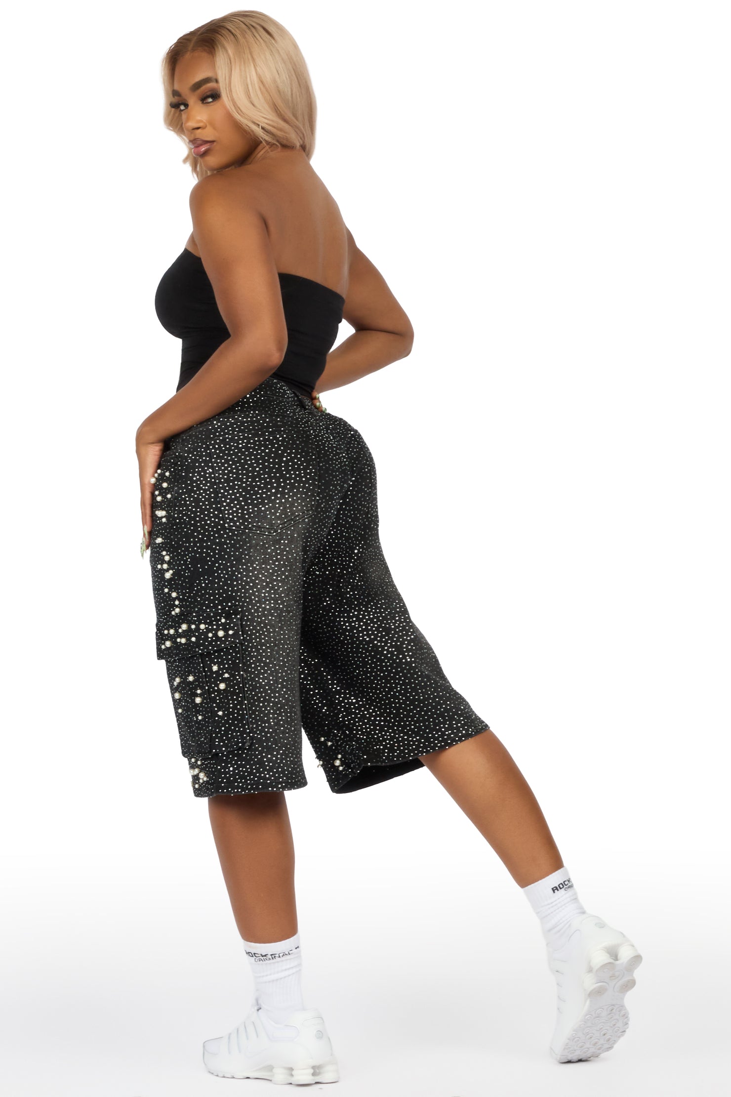 Tequeenia Black Rhinestone Denim Jort