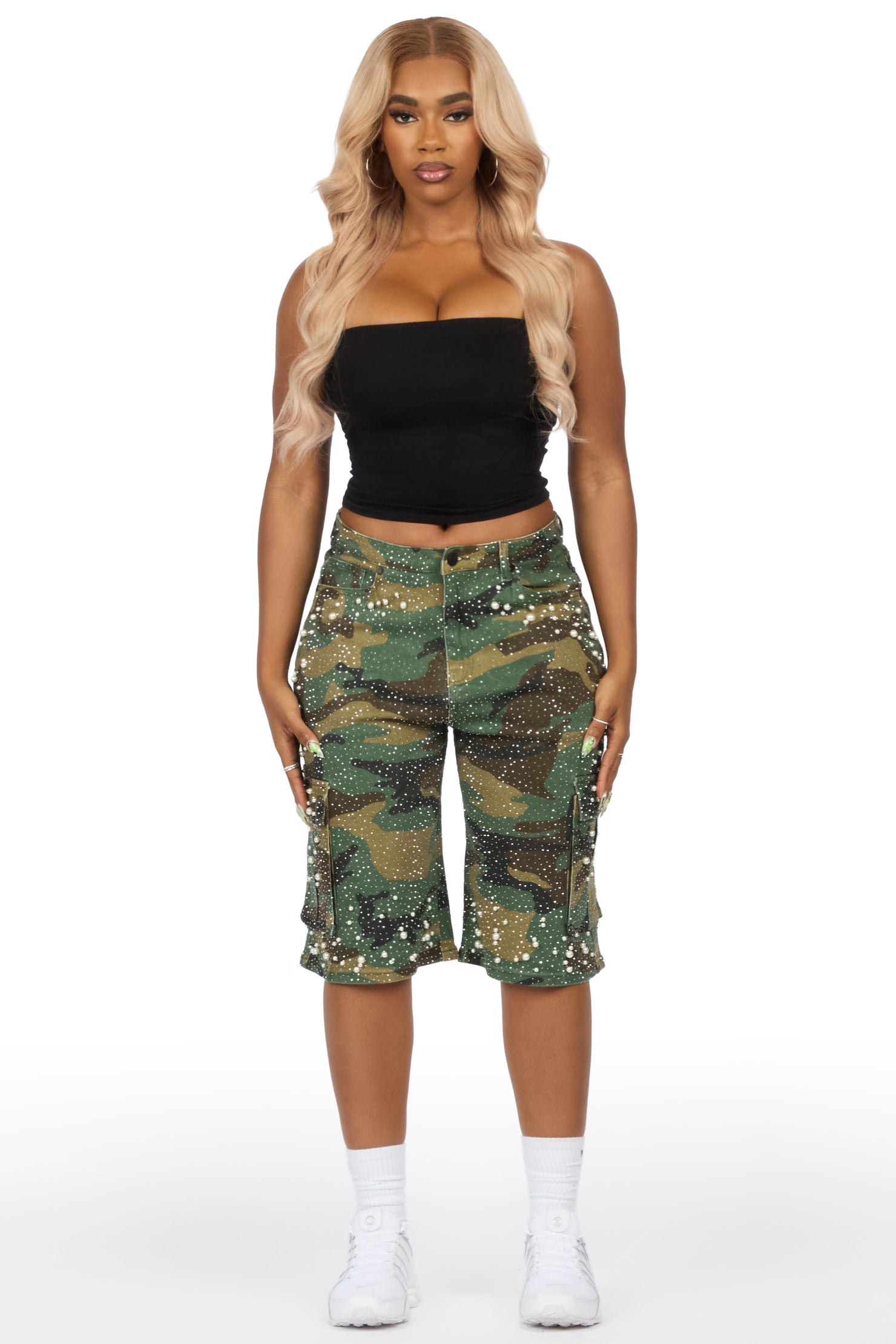 Tequeenia Camo Rhinestone Denim Jort