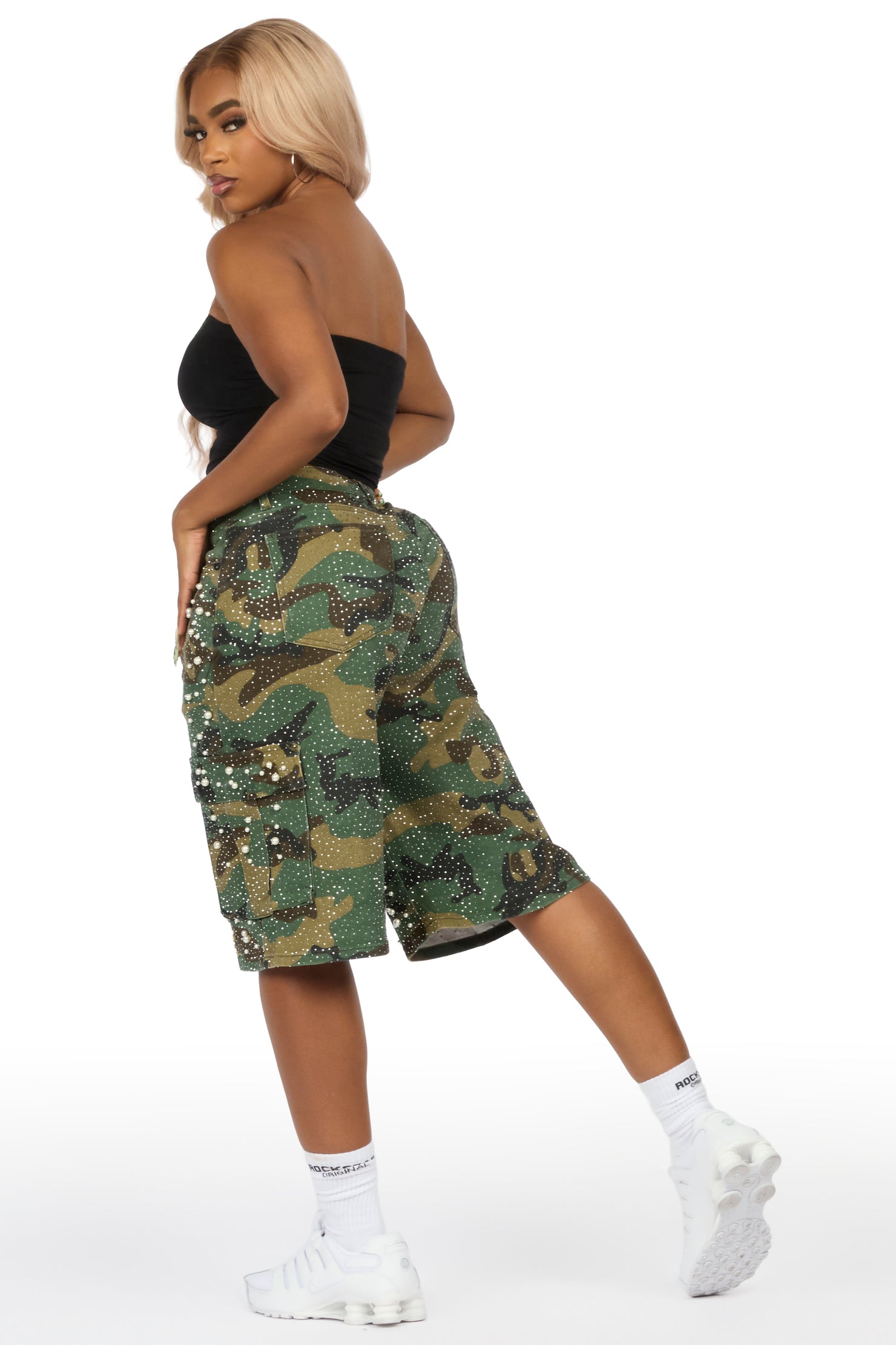 Tequeenia Camo Rhinestone Denim Jort