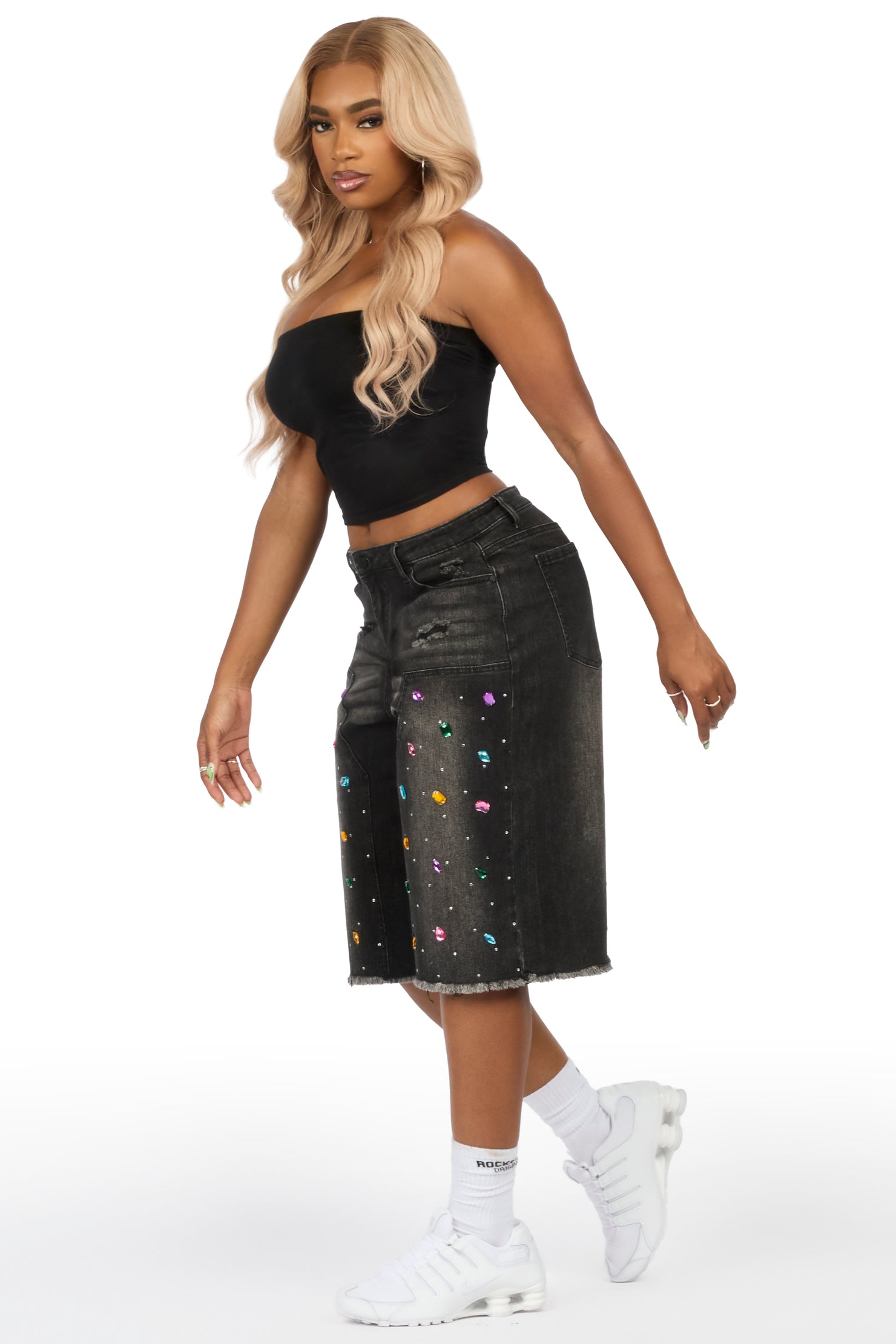 Allexis Black Rhinestone Baggy Jort