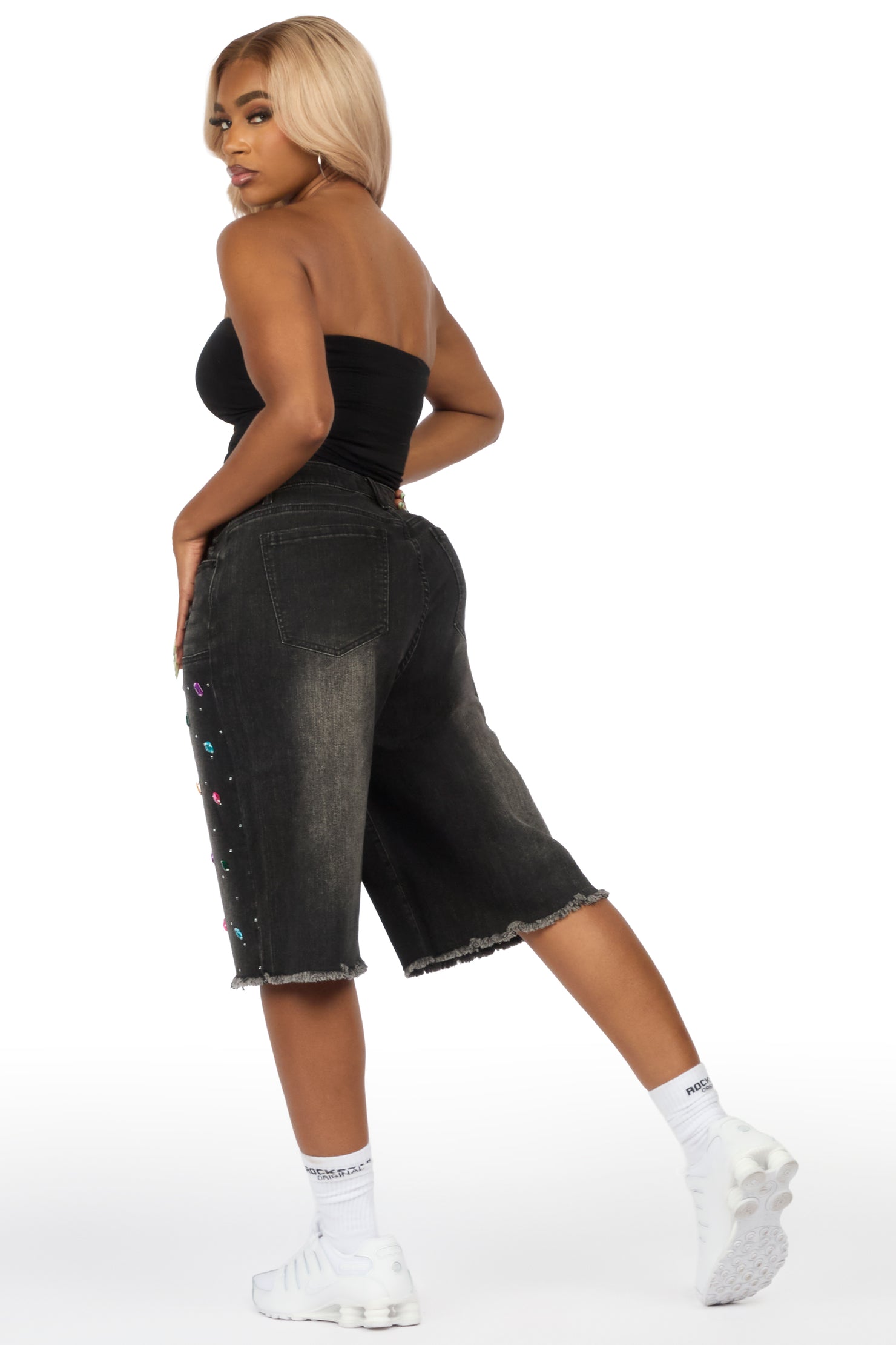 Allexis Black Rhinestone Baggy Jort