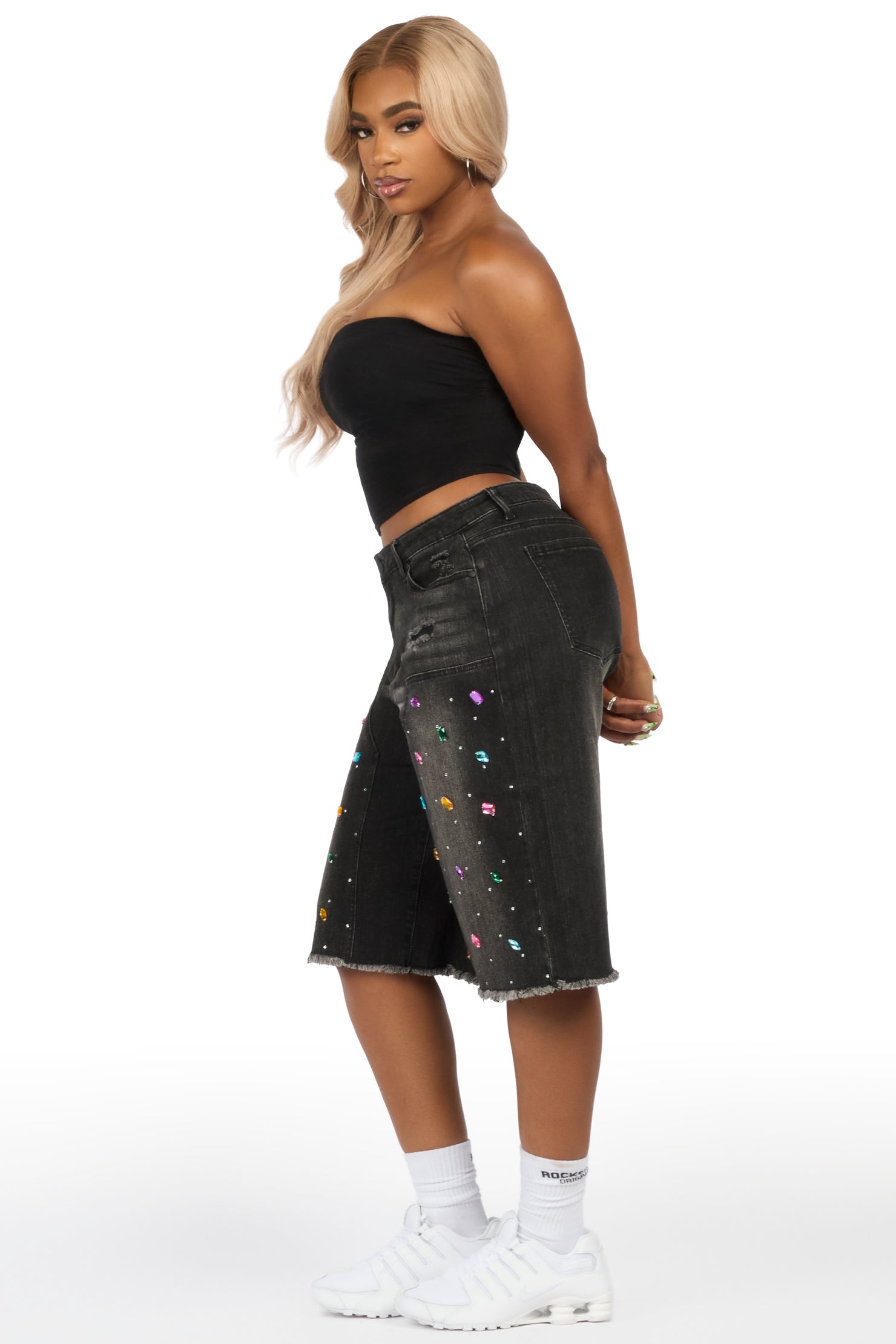 Allexis Black Rhinestone Baggy Jort