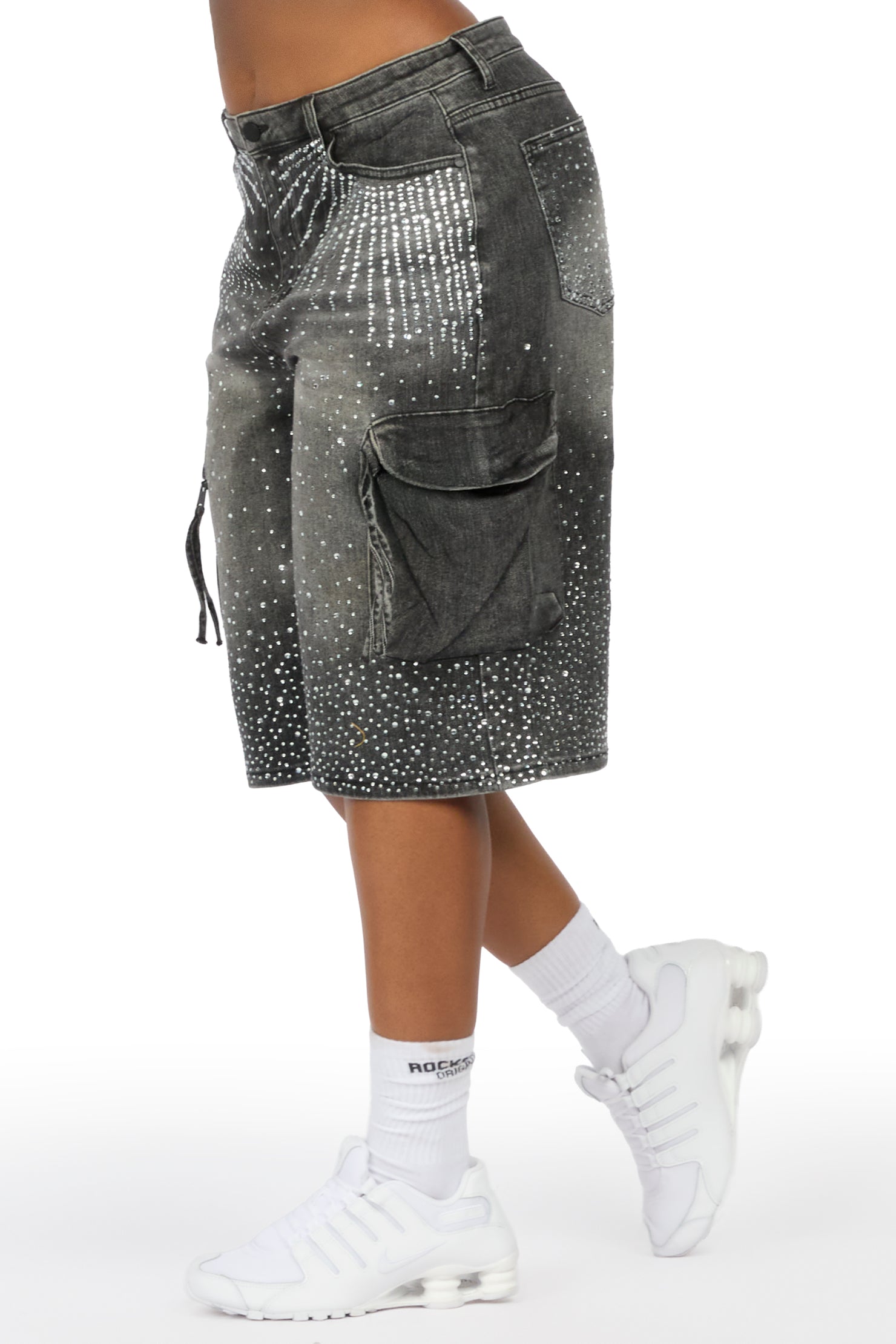 Lashandra Grey Wash Rhinestone Denim Jort