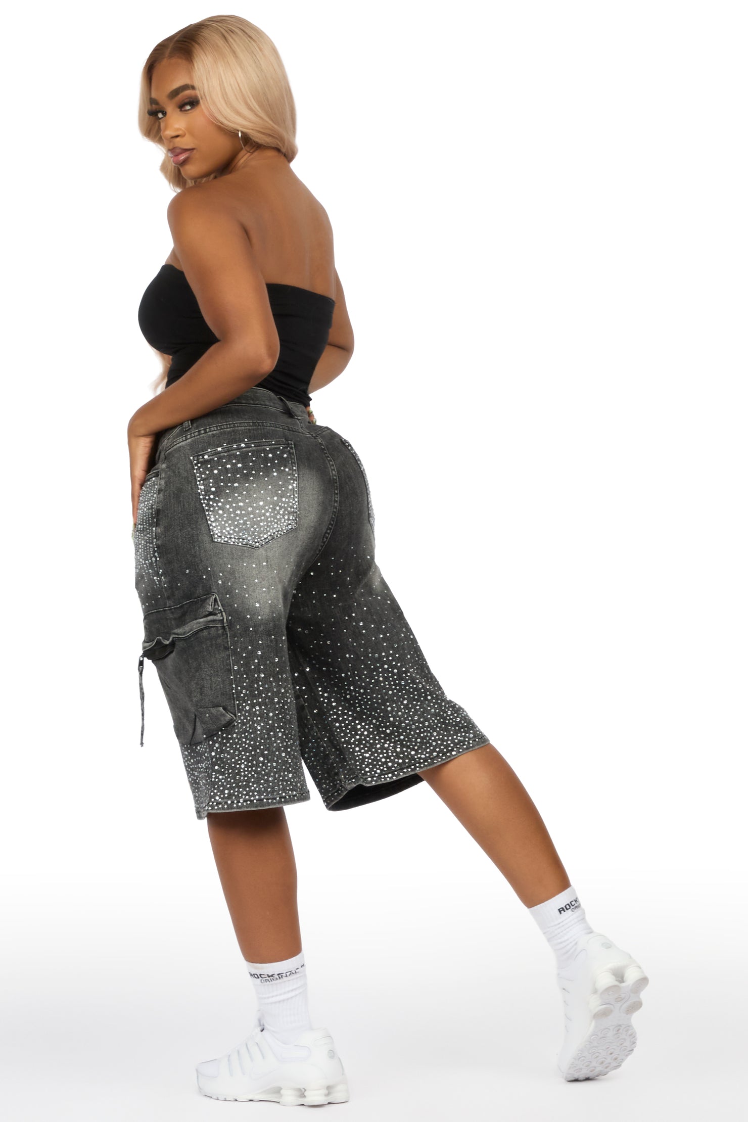 Lashandra Grey Wash Rhinestone Denim Jort